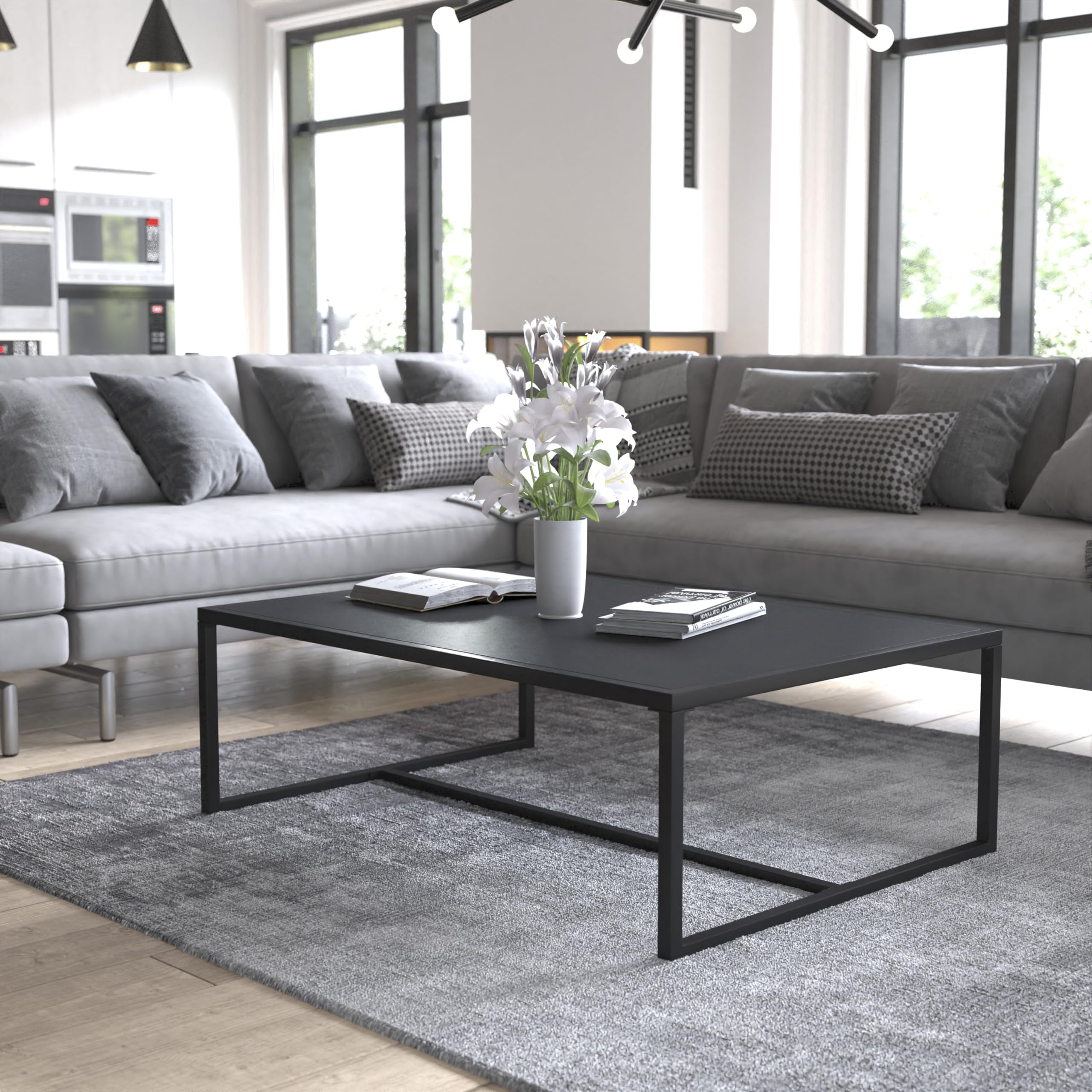 Black Steel Metal Coffee Table - Indoor & Outdoor Square Leg Modern Design for Living Room, Patio, or Office Use - Durable & Stylish Home Furniture