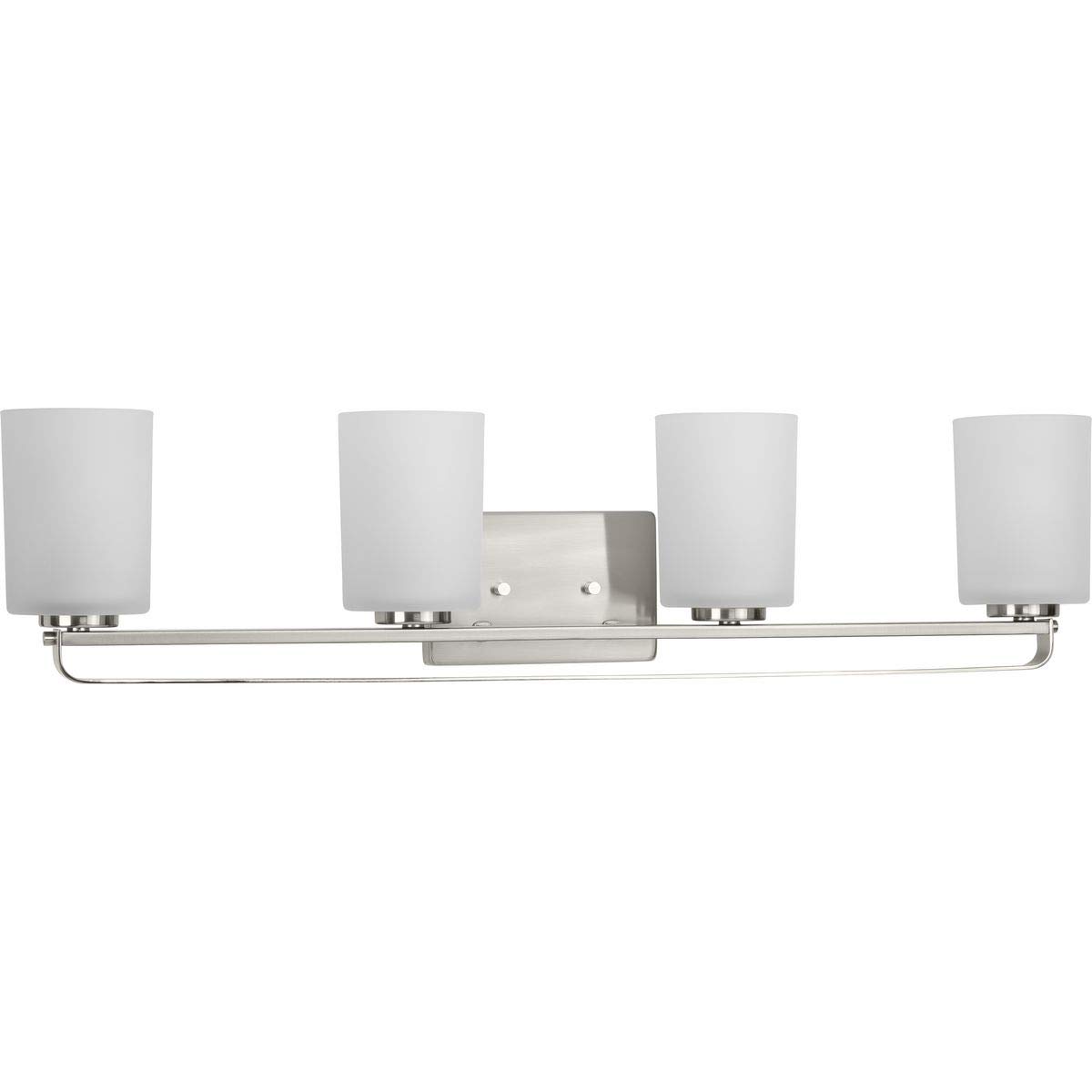 Progress Lighting League Collection 4-Light Modern Farmhouse Bathroom Vanity Light - Brushed Nickel Finish with Etched Glass Shades - Perfect for Bathroom, Powder Room, and Dressing Area Lighting