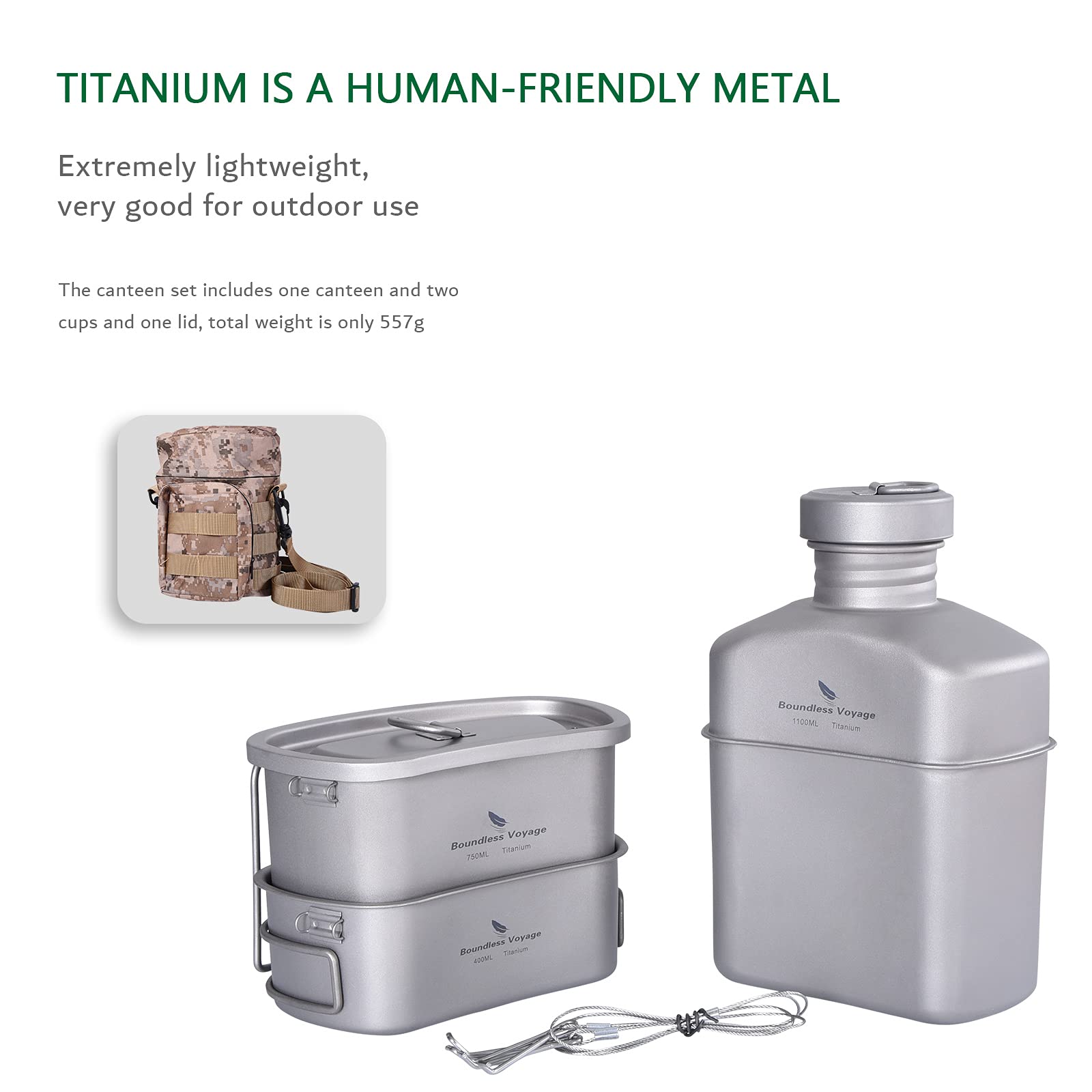 Boundless Voyage Titanium Military Canteen Cup Set - Lightweight Outdoor Camping & Hiking Water Bottle with 2 Cups - Durable Mess Kit for Cooking, Survival Gear - Perfect for Backpacking, Bushcraft & Emergency Preparedness (Ti15158B)