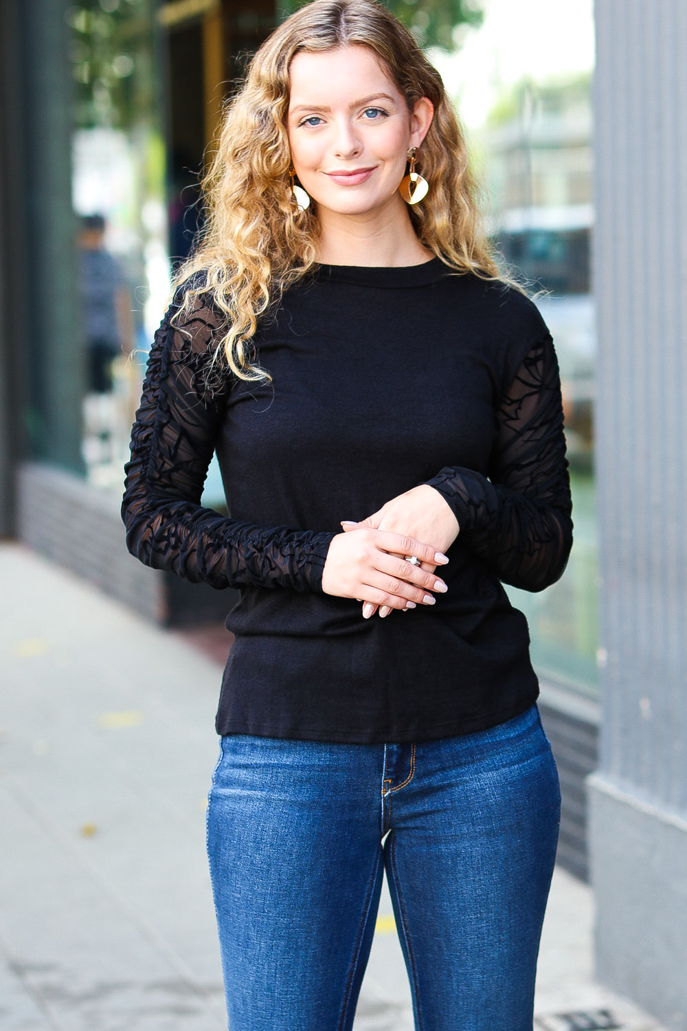 Black Shirred Velvet Mesh Blouse - Elegant Women's Fashion Top for Party & Evening Wear