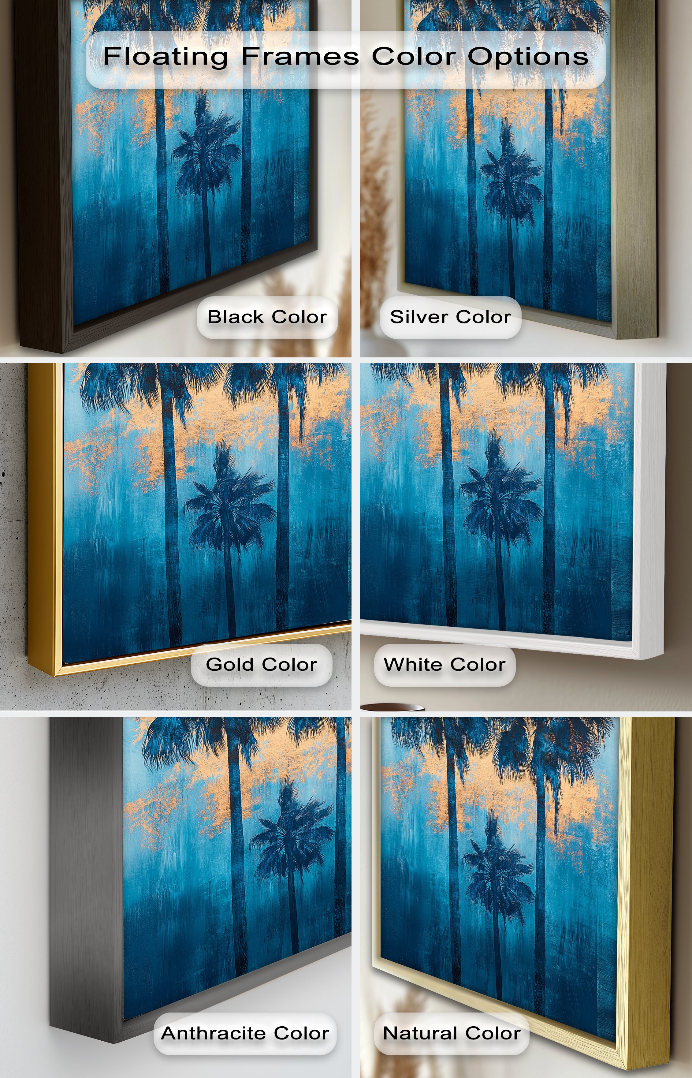 Blue Sunset Palms Tropical Oil Painting - Handmade Beach Wall Art for Living Room, Bedroom & Office Decor