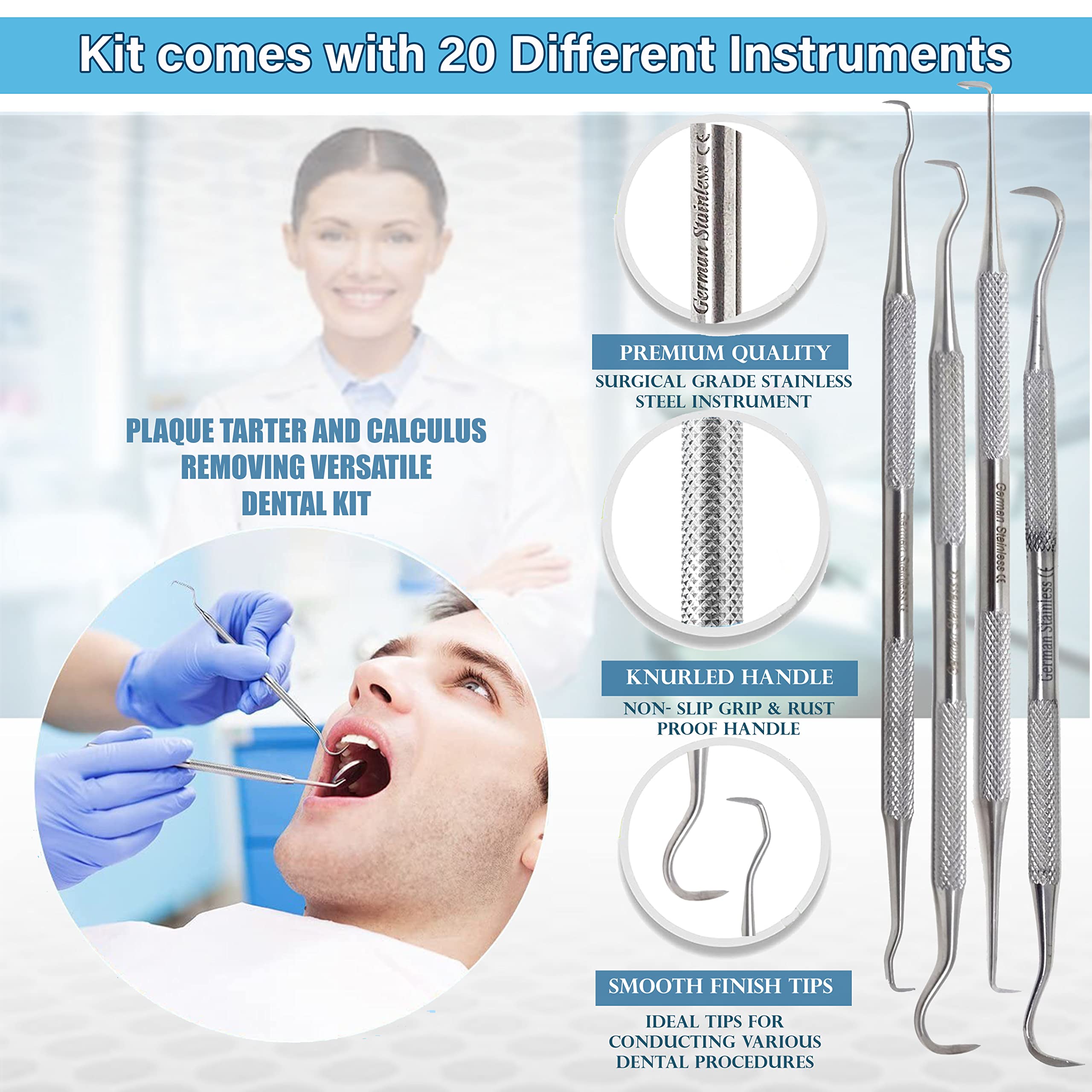 Premium Stainless Steel Dental Probe & Scaler Set - Double Ended Scraper & Explorer Kit for Dentists (20-Piece) - Perfect for Dental Clinics, Oral Exams & Tartar Removal