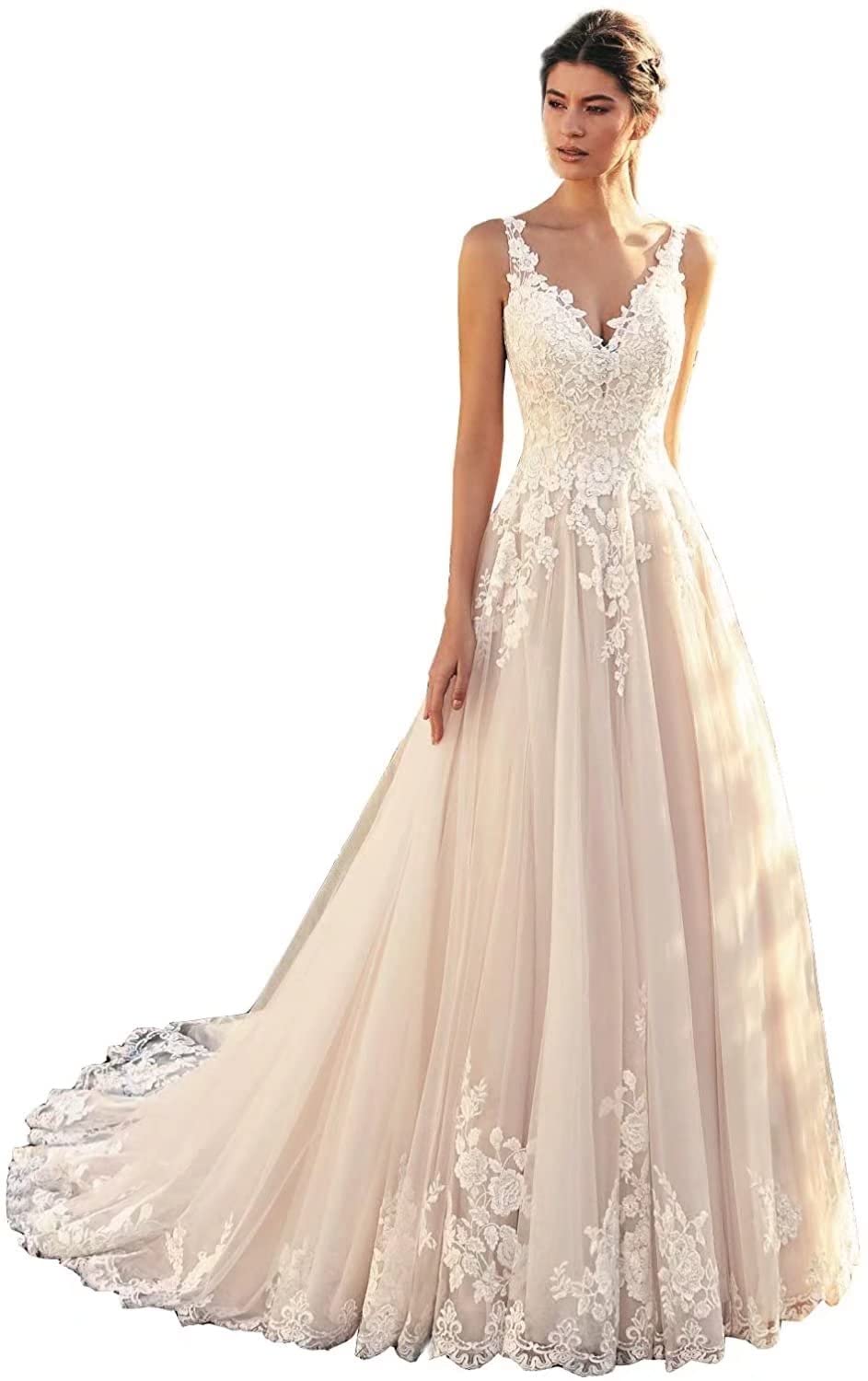 Elegant A-Line Lace Wedding Dress with Long Sleeves & Train – Romantic Scoop Neck Bridal Gown for Bride 2022 – Perfect for Church Ceremonies, Beach Weddings & Formal Receptions