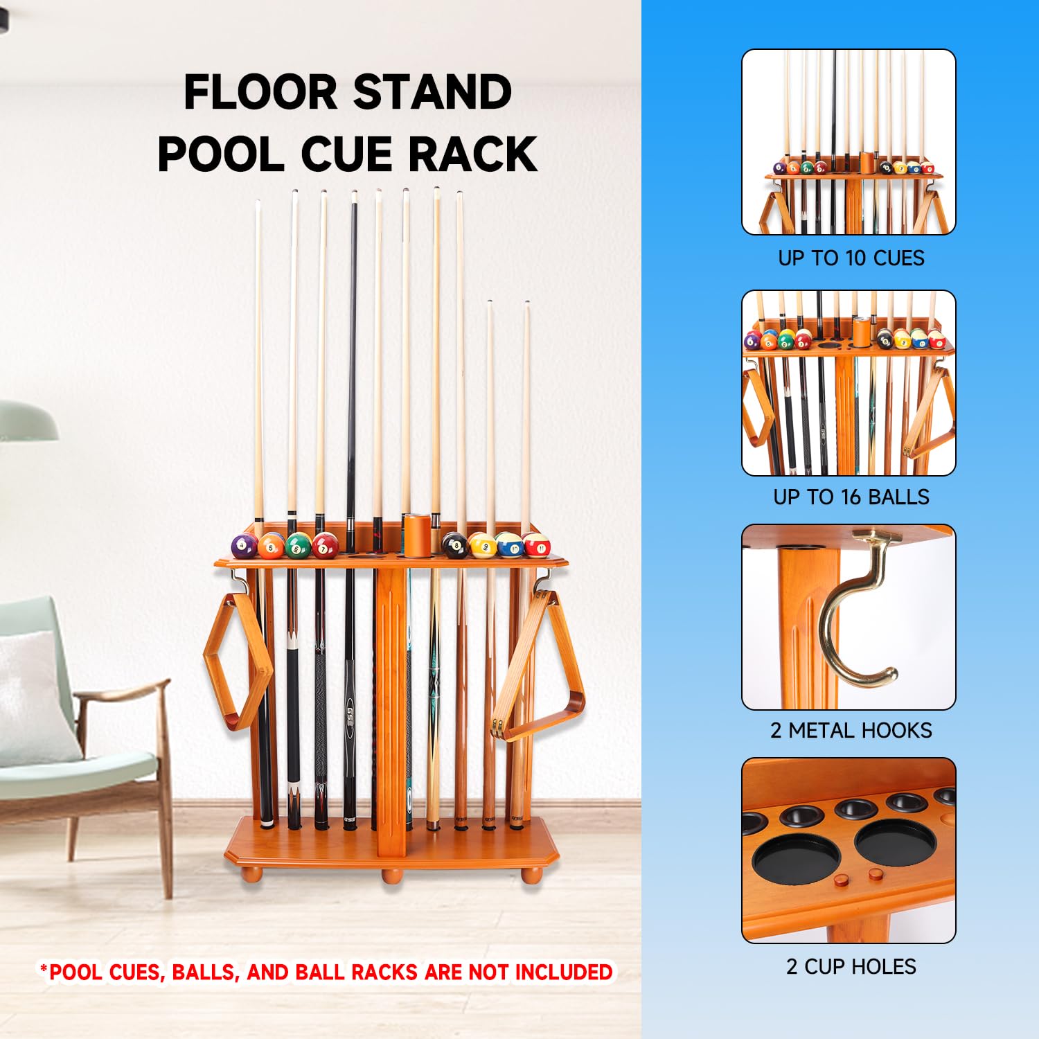 GSE Games & Sports Expert 10-Cue Floor Standing Billiard Rack with 2 Drink Holders & Full Pool Ball Set - Premium Oak Wood Pool Table Accessory for Game Rooms & Bars