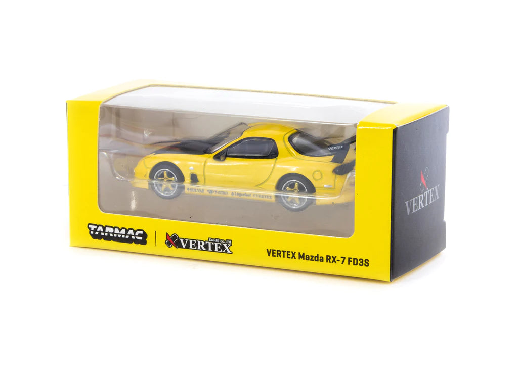 Tarmac Works 1:64 Scale Diecast Model Car - Mazda RX-7 FD3S Vertex Edition in Metallic Yellow | Collectible Toy Car for Display & Racing | Perfect for Car Enthusiasts & Model Collectors
