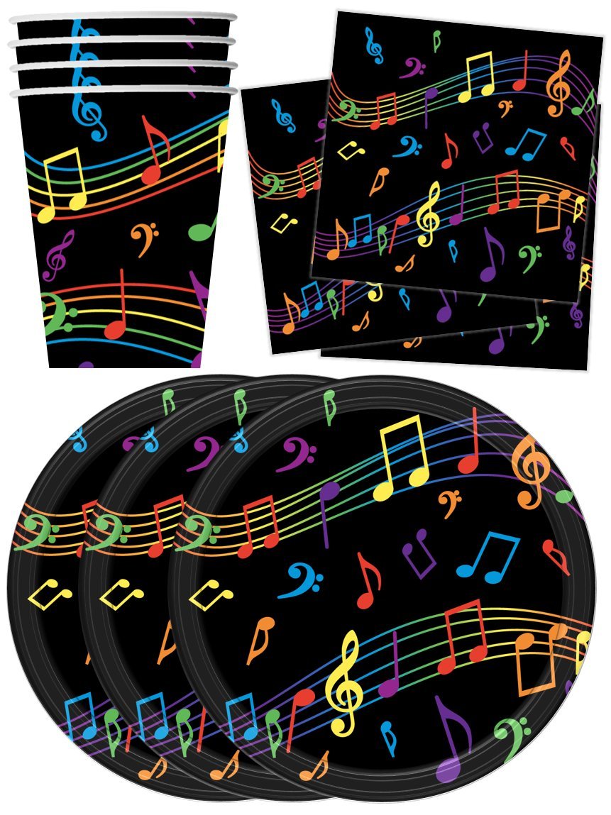 Vibrant Music Notes Themed Birthday Party Supplies Set - 16-Piece Tableware Kit with Plates, Napkins & Cups for Kids' Celebrations, Baby Showers & Themed Events