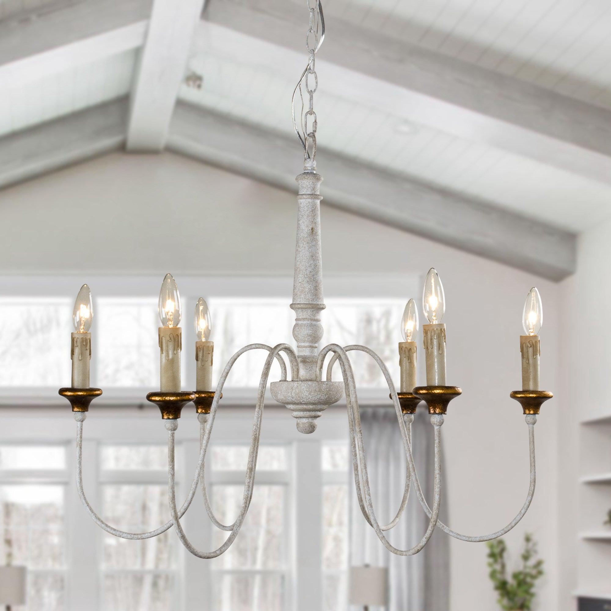 6-Light French Country Candle Style Chandelier in Distressed Finish - Rustic Farmhouse Lighting for Dining Room, Bedroom, or Entryway