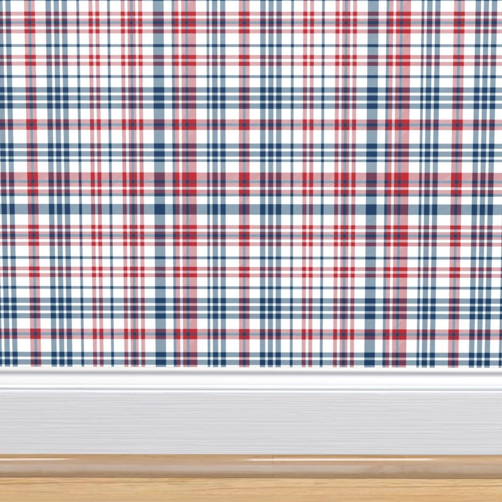 Commercial Grade Spoonflower Wallpaper 27ft x 2ft - Patriotic Plaid Navy Red USA Gingham with Stars & Stripes for July 4th Independence Day Decor | Perfect for Living Room, Bedroom, and Home Office Wall Covering