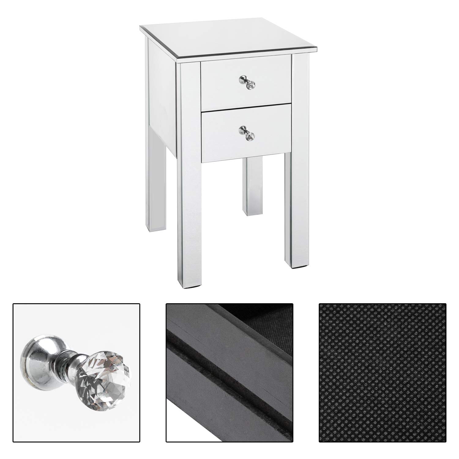 Mirrored Nightstand with 2 Drawers - Silver End Table with Crystal Handles for Bedroom & Living Room | Elegant Accent Table for Bedside, Sofa Side & Dressing Area