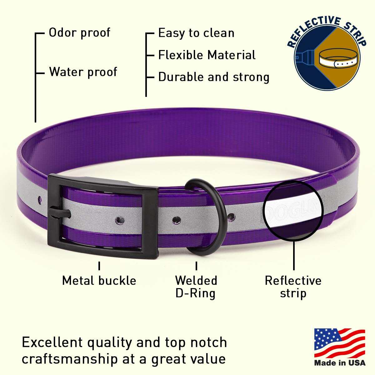 Premium Biothane Reflective Waterproof Dog Collar - Translucent Purple, 1