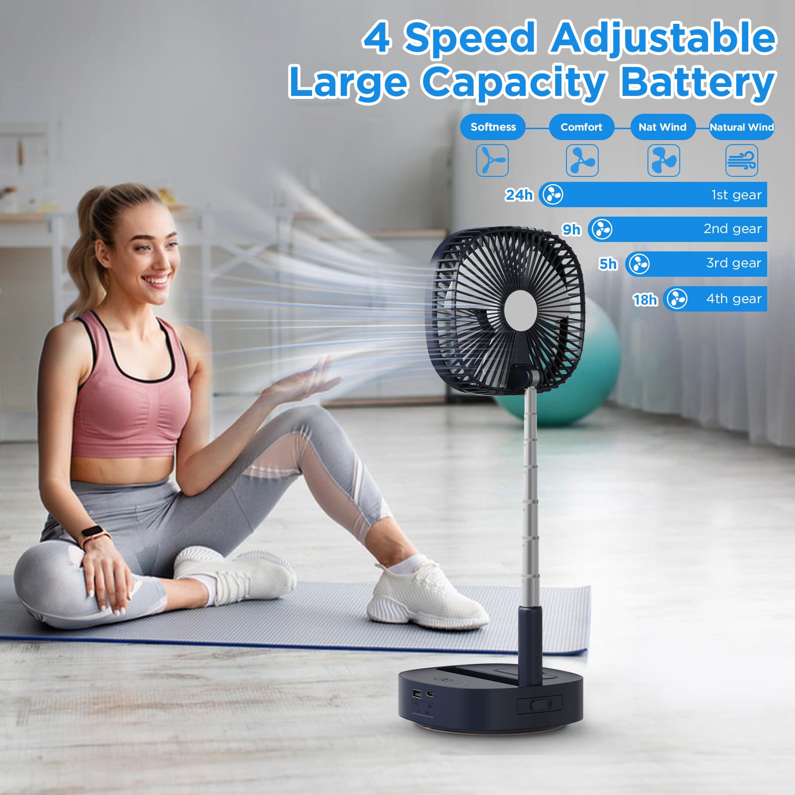 Magesh Portable Oscillating Pedestal Fan with Remote Control - 120° Wide Angle Rotation, 3-in-1 Foldable Standing/Desk Fan, 7200mAh Rechargeable Battery, 4 Speed Settings & Quiet Timer - Perfect for Home, Office, Outdoor, Camping, and Travel (Dark Blue)