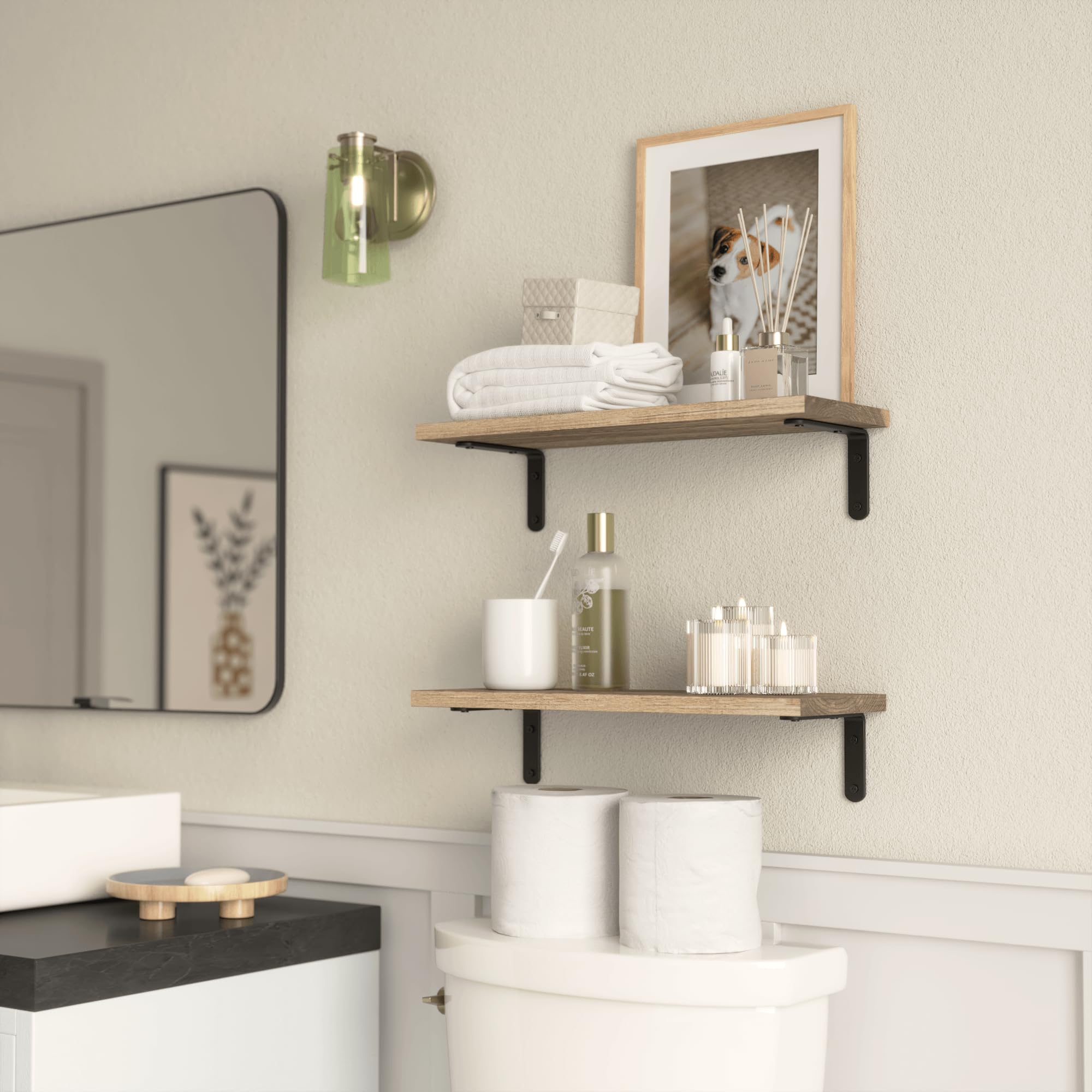 RICHER HOUSE Set of 2 Rustic Wood Floating Shelves - Farmhouse Style Wall Decor, Carbonized Black - Perfect for Bathroom, Bedroom, Kitchen, Living Room Storage & Organization | Wall Mounted Shelves for Home Décor & Display