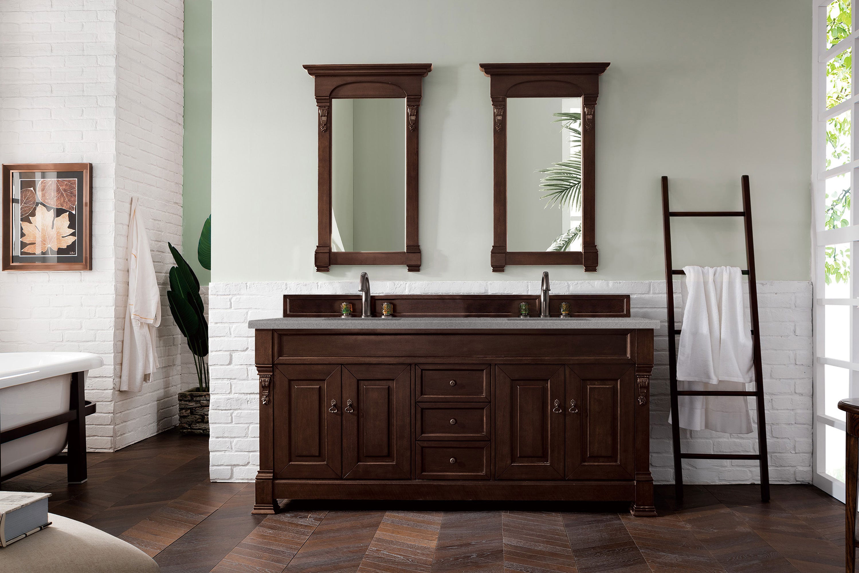 Brookfield 72 Inch Double Vanity with Burnished Mahogany Base & 3CM Grey Expo Quartz Top - Perfect for Master Bathroom Renovation
