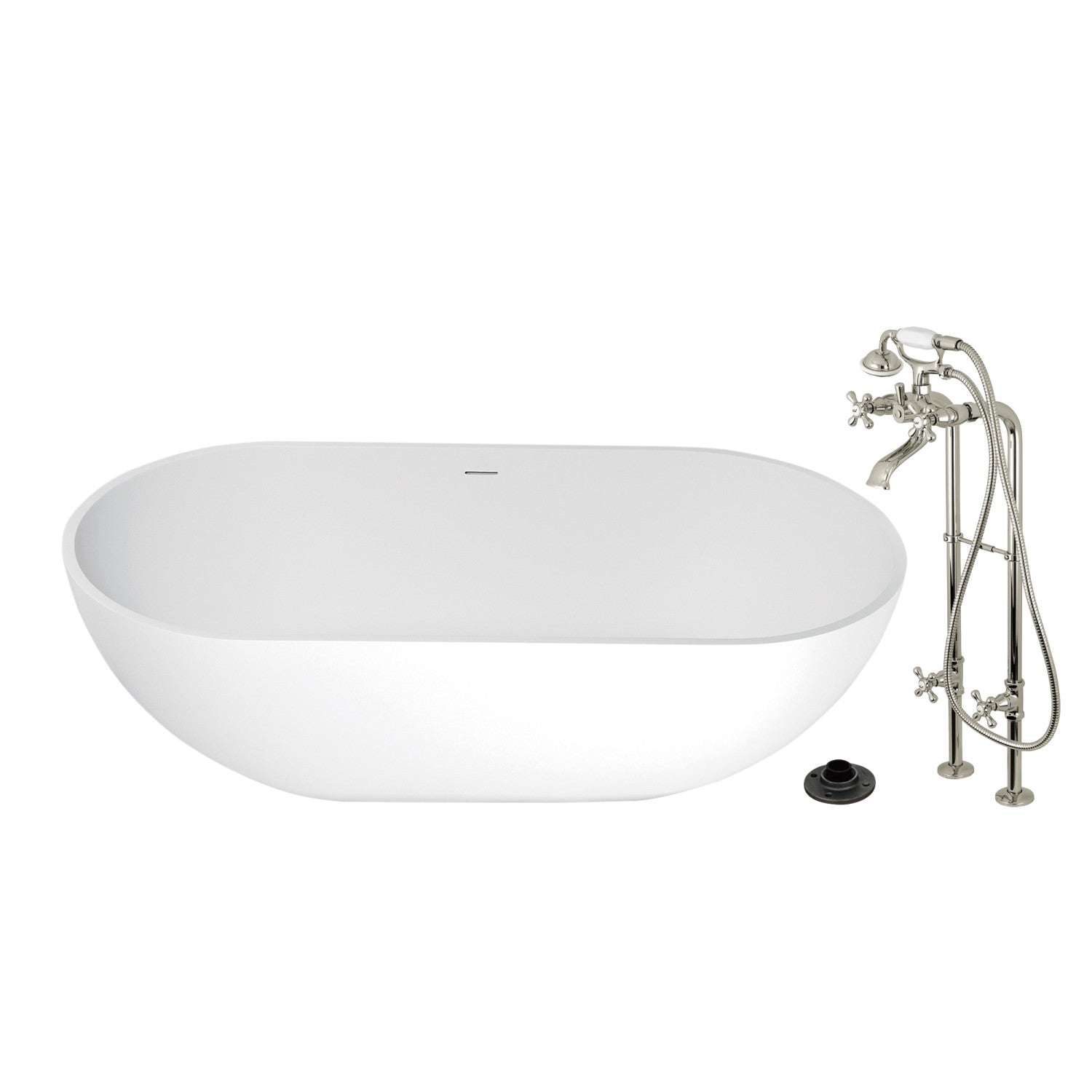 Arcticstone 70 Inch Freestanding Oval Bathtub with Faucet Combo - Solid Surface Double Ended Soaking Tub with Polished Nickel Finish - Perfect for Luxury Bathroom & Spa Relaxation