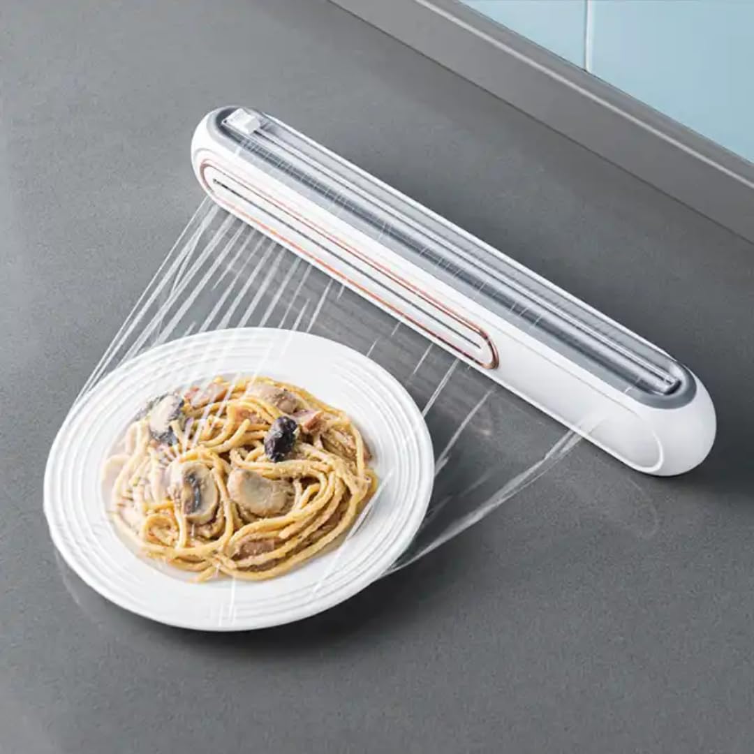 Refillable Magnetic Plastic Wrap Dispenser with Slide Cutter - Easy Press & Seal Food Storage Organizer for Kitchen Countertop, Pantry & Meal Prep