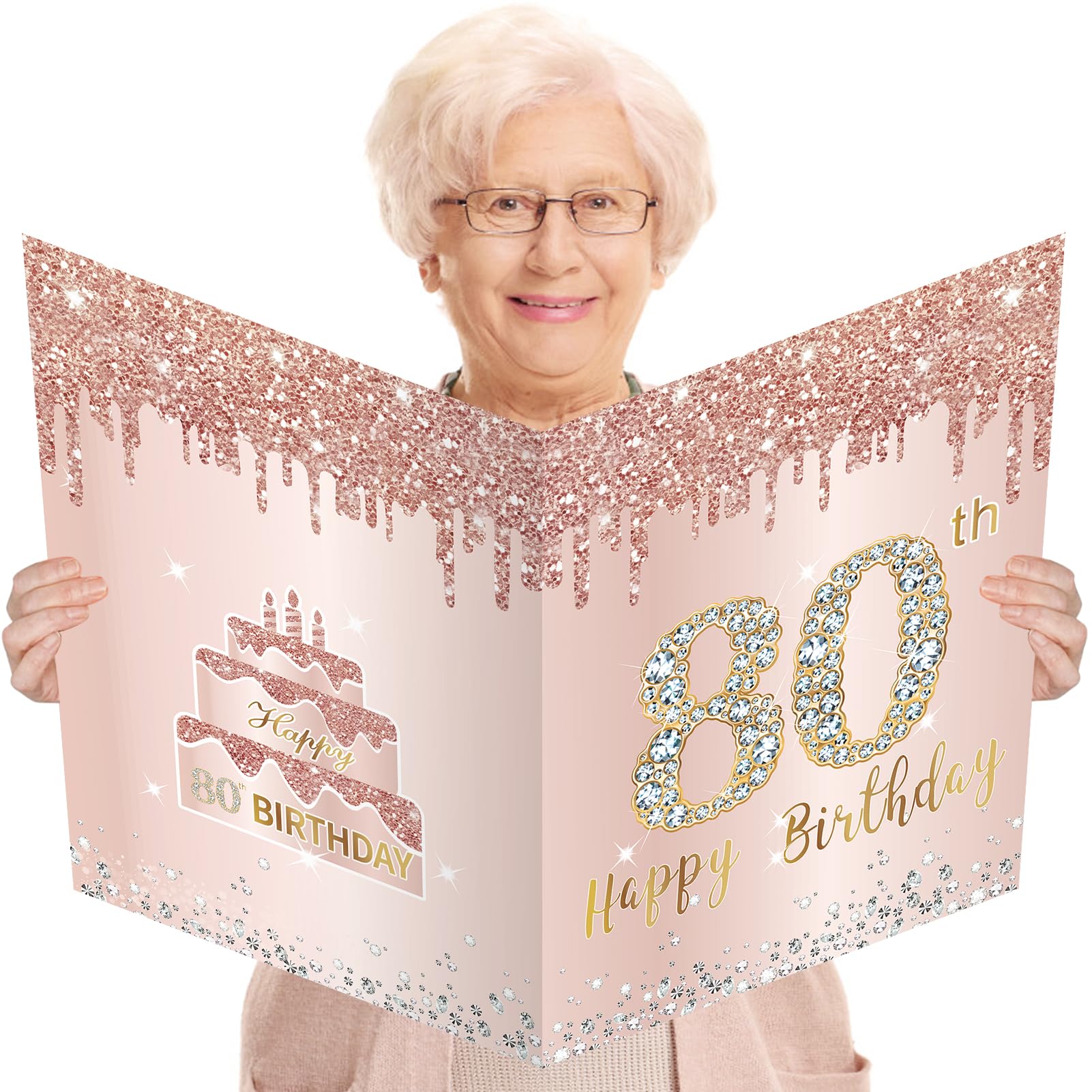 Extra Large 80th Birthday Card with Envelope - Jumbo 22×14.17 Inch Pink Rose Gold Giant 80 Year Birthday Greeting Card & Guest Book for Women - Perfect for Milestone Celebrations, Party Decorations, and Memorable Gift Giving
