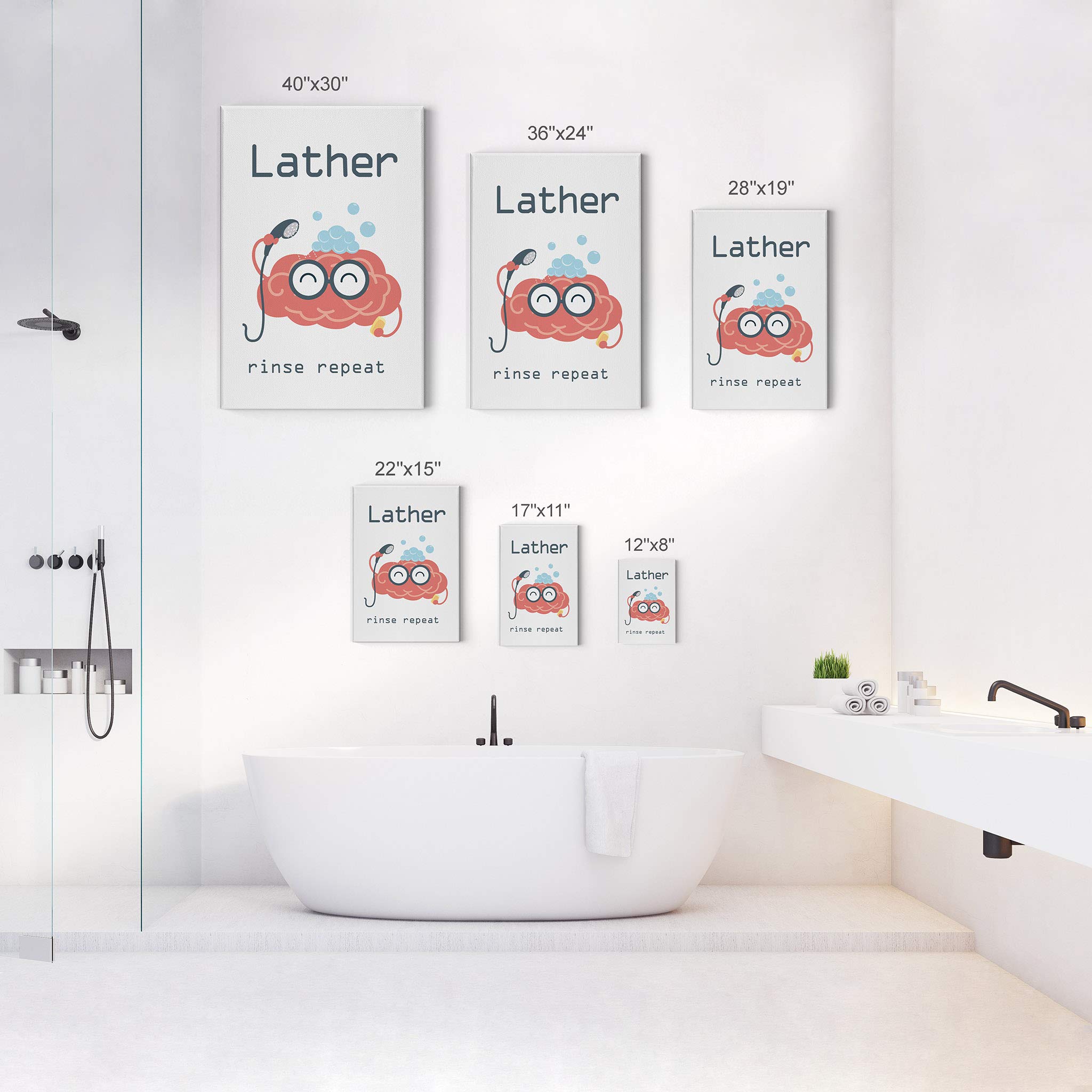 Smile Art Design 'Lather Rinse Repeat' Quote Canvas Print - Funny Bathroom Wall Decor for Kids & Nursery - Ready to Hang Home Decoration (36x24, Made in USA) - Perfect for Bathrooms, Kids' Rooms, and Playful Home Décor