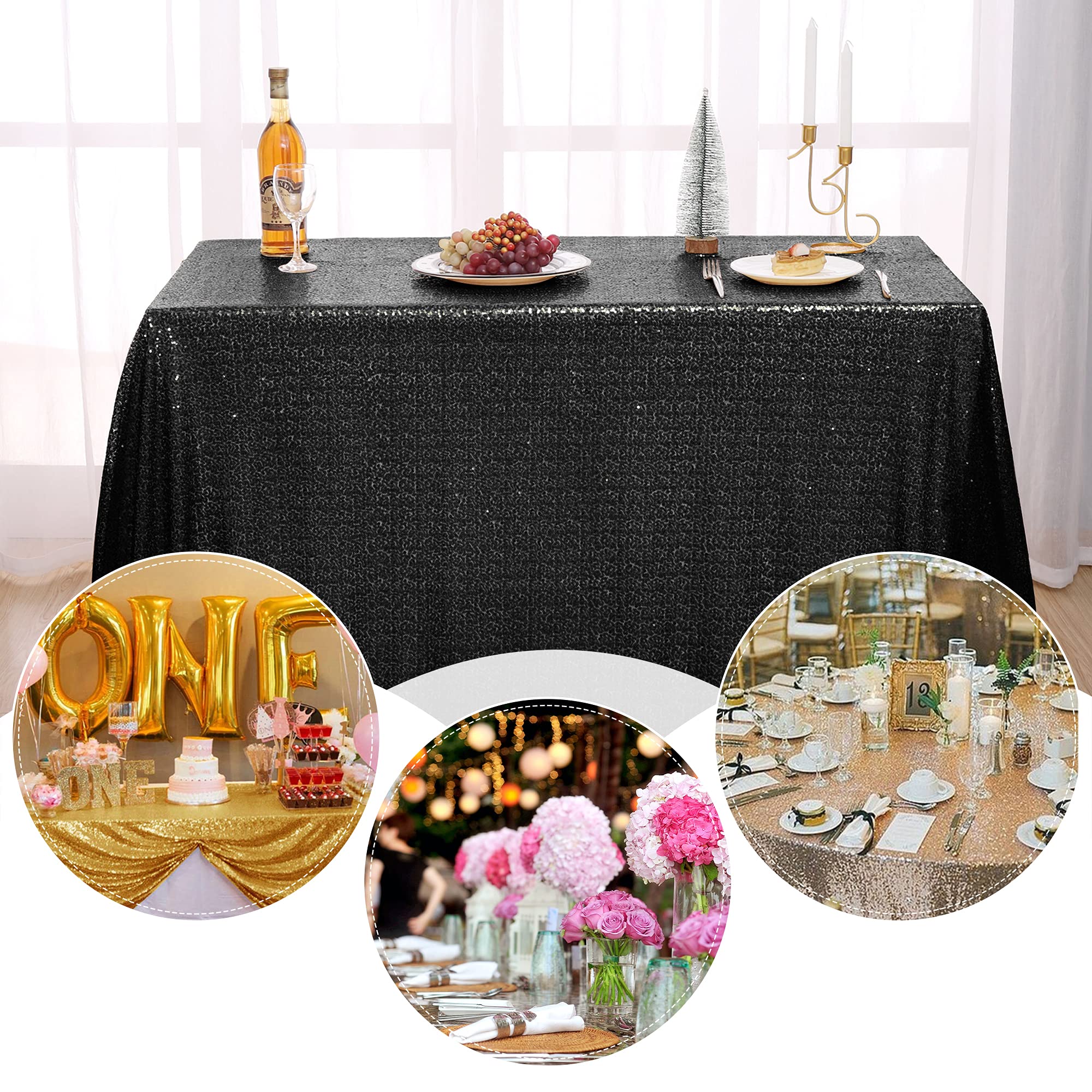 Nanbowang Black Sequin Tablecloth - Elegant Rectangular Table Cover for Parties, Birthday, Baby Shower & Tea Party Decor | Perfect for Wedding Receptions, Holiday Dinners & Special Events