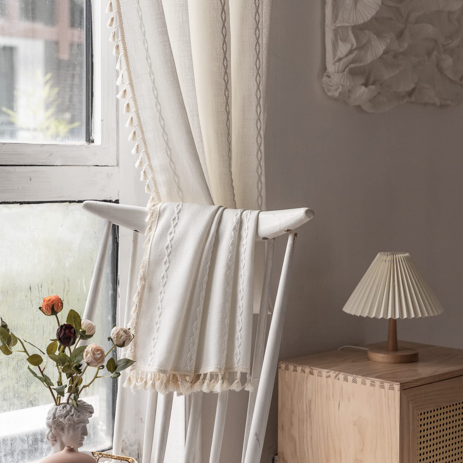 Boho Semi Blackout Window Curtains Set of 2 Panels - 63/84/96 Inch Length, Farmhouse Style with Tassels & Striped Embroidery, Rustic Cotton Linen Blend for Living Room & Bedroom | Perfect for Sun Protection, Privacy & Bohemian Home Decor