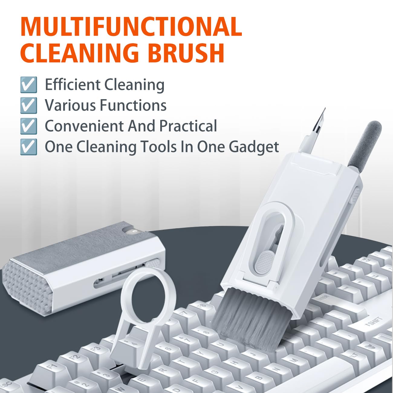 Multipurpose Keyboard Cleaner Kit - 8-in-1 for Laptop, Tablet & Earbuds | Portable Computer Cleaning with Hidden Brushes (White) - Perfect for Office & Travel Use