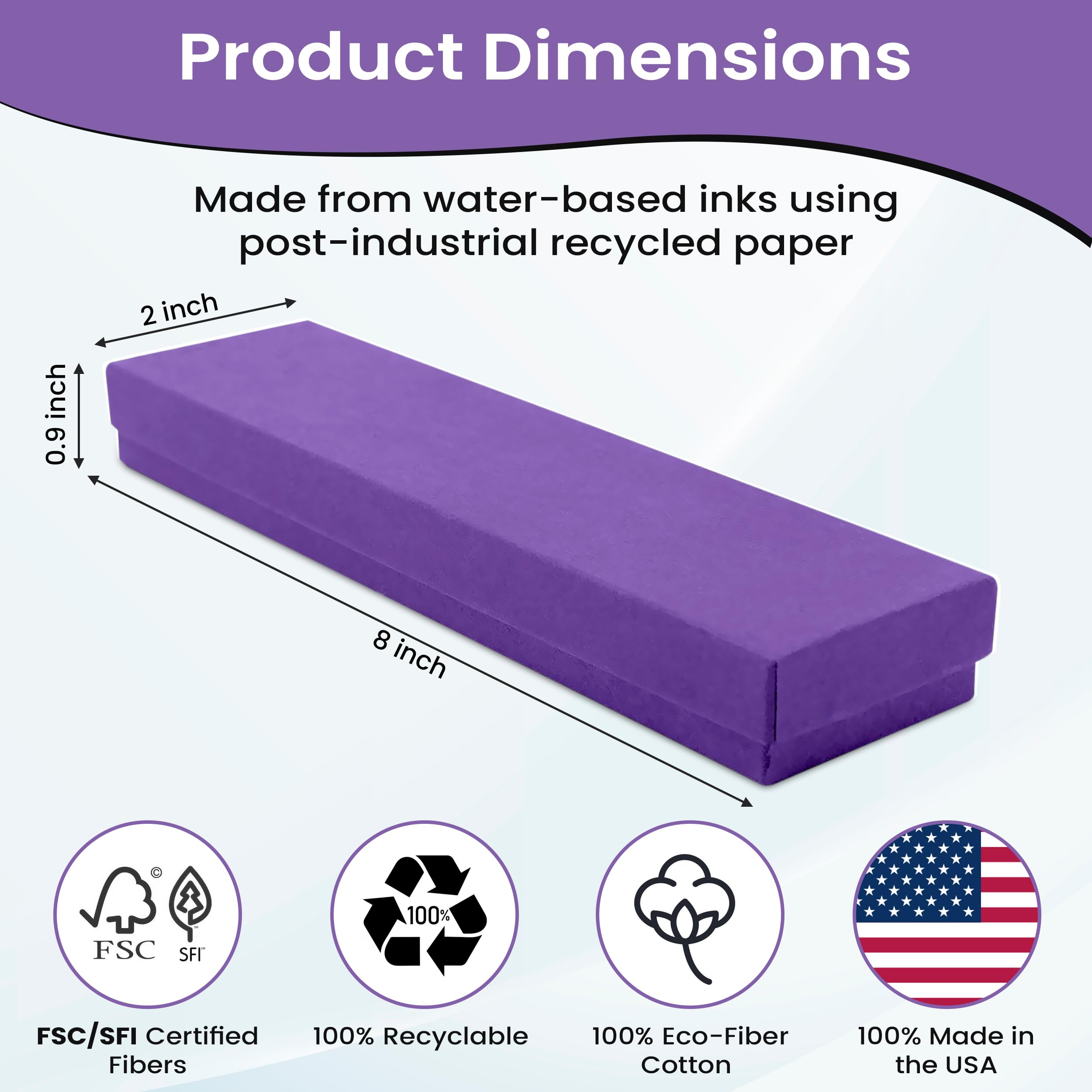 12 Pack Purple Jewelry Gift Boxes 8x2x0.87 Inch - Premium Cardboard Jewelry Storage Box with Cotton Filling & Lid - Made in USA - Perfect for Bracelets, Necklaces, Rings, Earrings - Great for Gift Wrapping, Wedding Favors, Jewelry Display & Retail Packaging