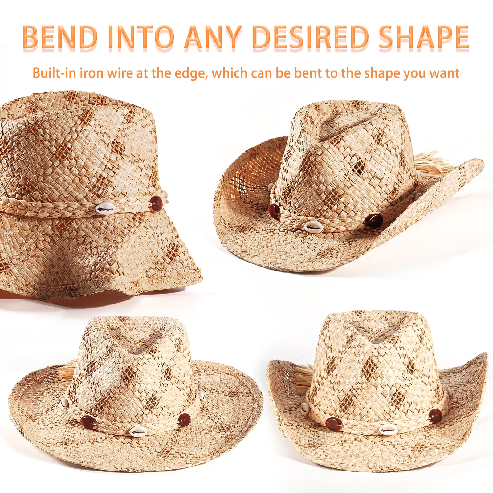Stylish Straw Cowboy & Cowgirl Hats for Women & Men - Wide Brim Summer Beach Sun Hat - Western Panama Hat for Outdoor, Country Music Festivals & Vacations