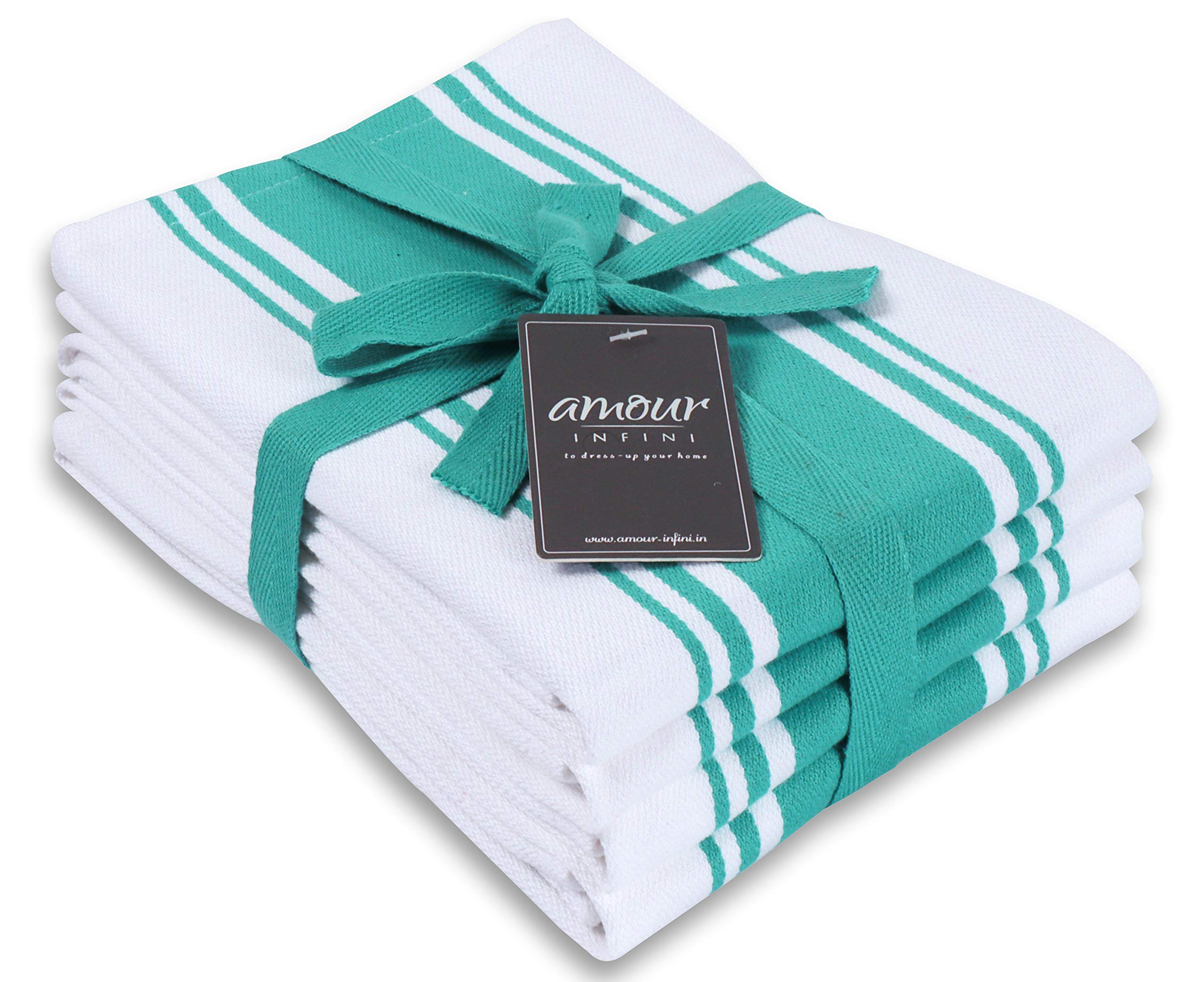 AMOUR INFINI 4-Pack Cotton Kitchen Towels - Super Absorbent, Ultra Soft Dish Cloths with Hanging Loop, 20x28 Inches, Quick Drying for Dishes, Countertops & Spills (Turquoise) - Perfect for Daily Kitchen Cleaning, Dish Drying & Household Chores
