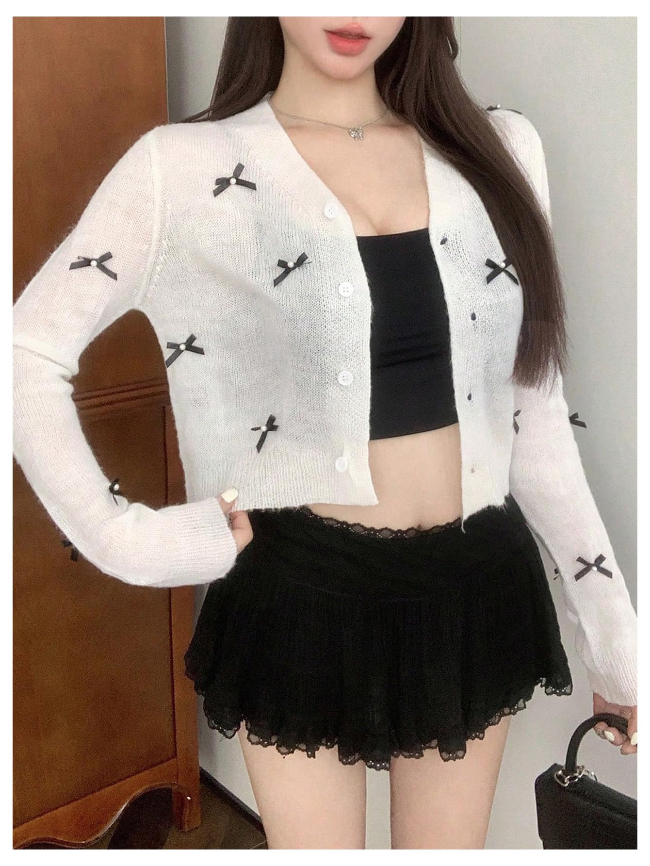 GORGLITTER Women's Cropped Knit Cardigan with Bow Buttons - Long Sleeve Button Down Sweater for Casual Outfits & Office Wear