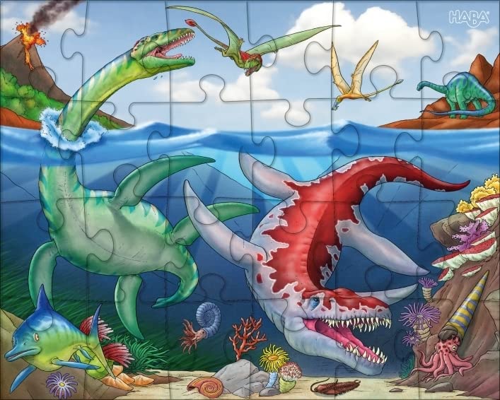 HABA Dinosaur Puzzles for Kids - 3 Pack of 24-Piece Jigsaw Puzzles with 3 Dinosaur Themes - Educational Toys for Children Ages 4+ (303377) - Perfect for Birthday Gifts, Preschool Learning & Family Game Night