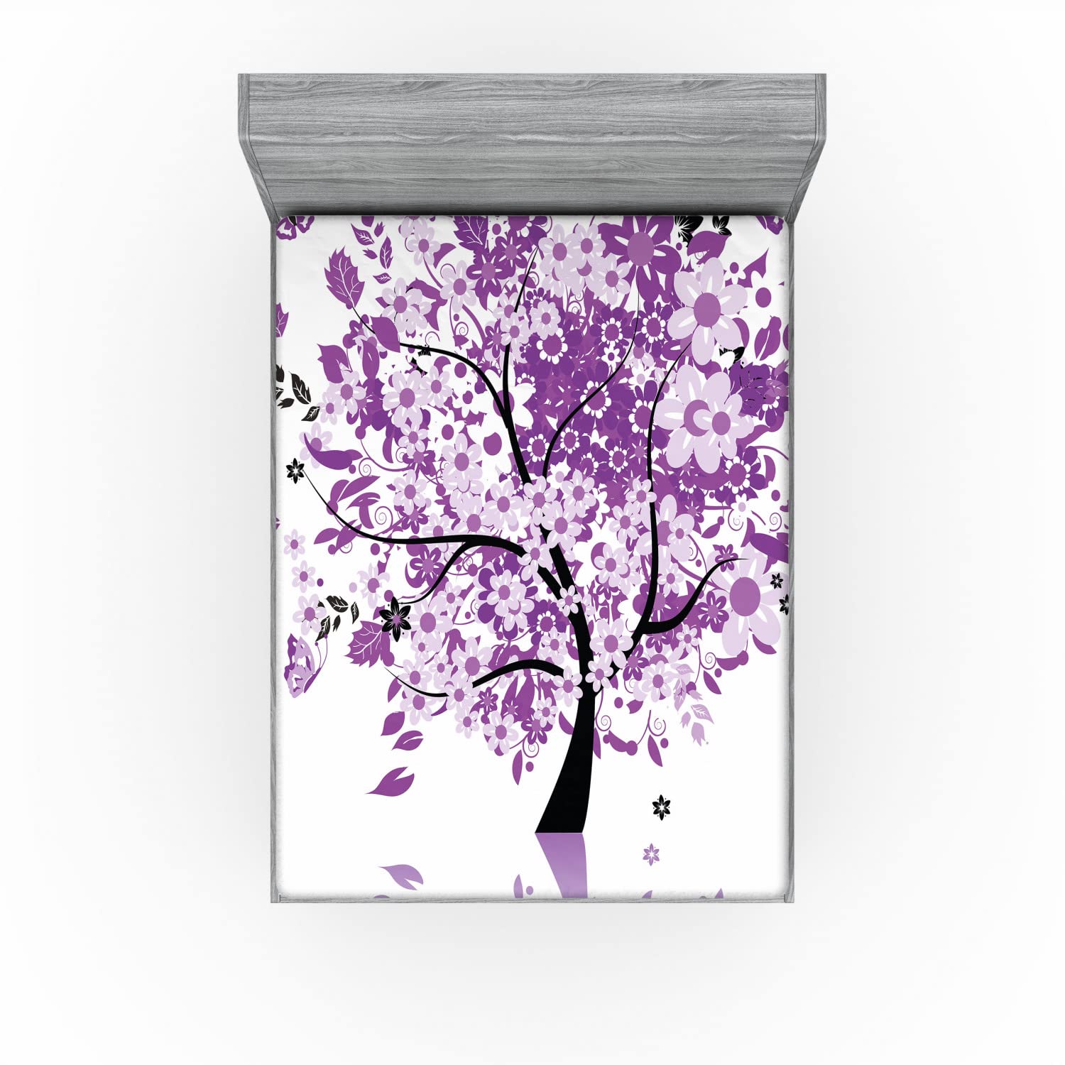 Ambesonne Queen Size Fitted Sheet - Spring Tree of Life Design with Blooming Flowers & Butterflies, Deep Pocket All-Around Elastic, Lilac Purple - Perfect for Master Bedroom, Guest Room & Vacation Homes