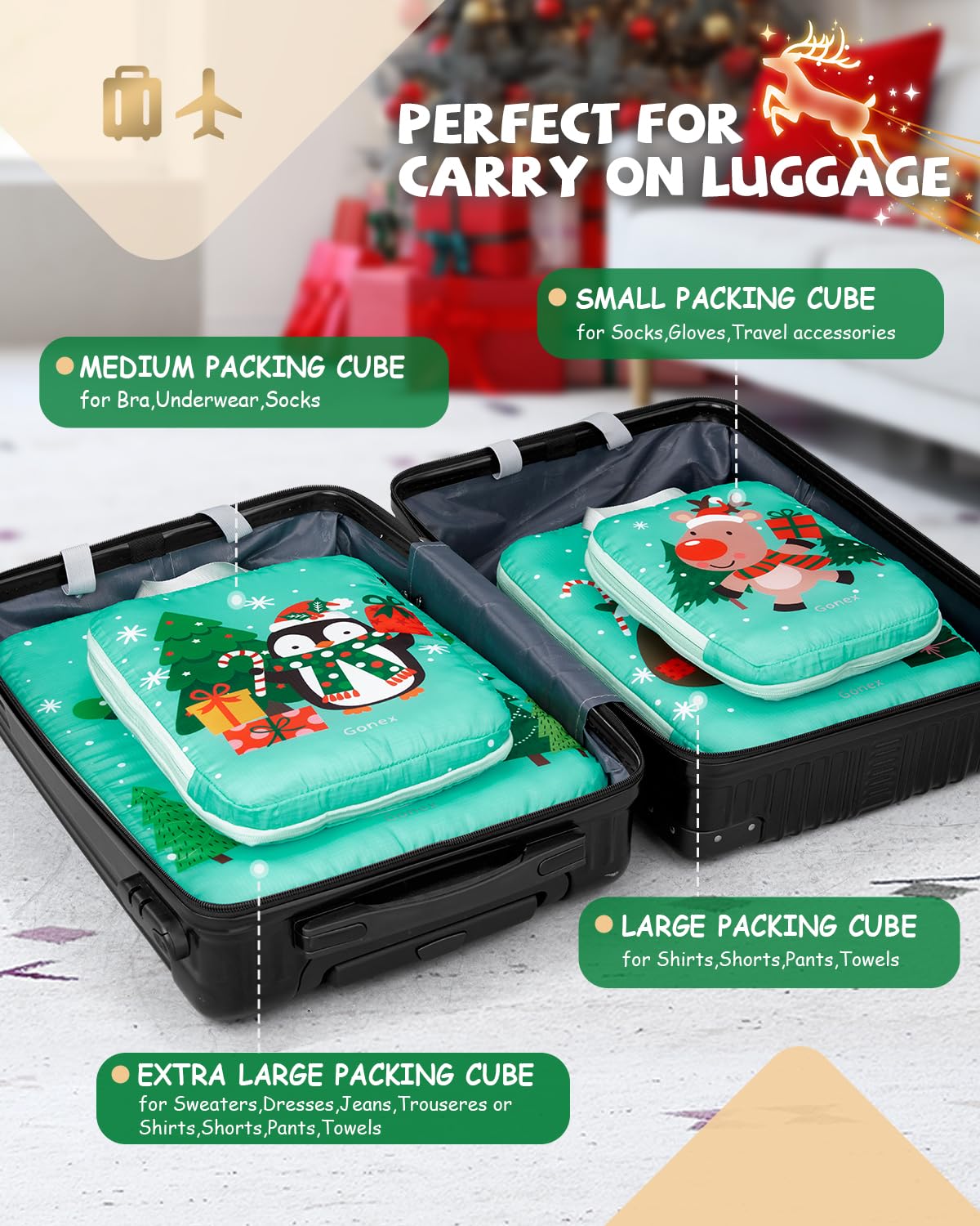 Gonex 4-Piece Expandable Compression Packing Cubes Set - Christmas Pattern Travel Luggage Organizers for Suitcases & Carry-On Bags | Perfect for Vacation, Business Trips & Weekend Getaways