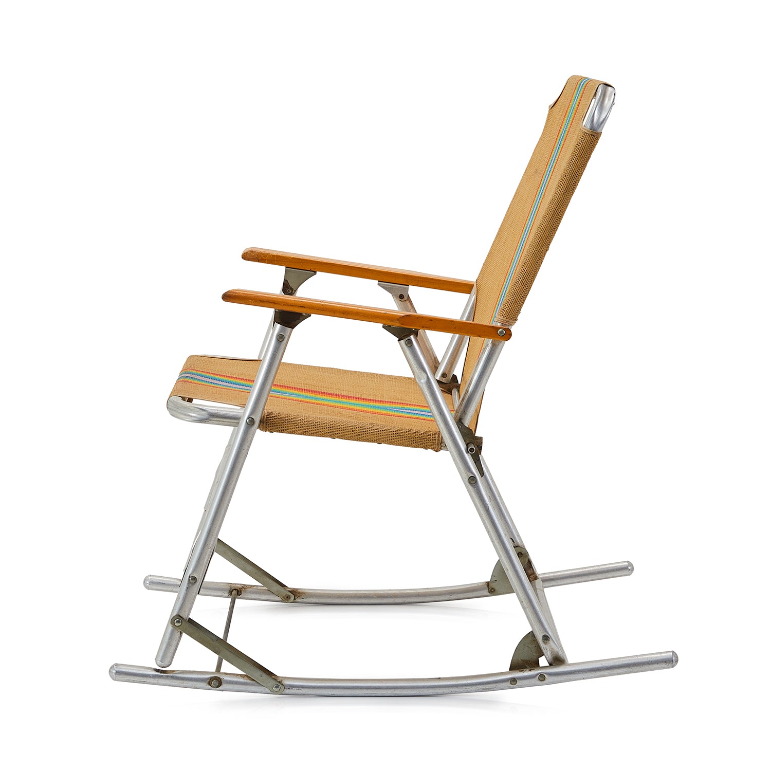 Beige and Rainbow Striped Folding Lawn Chair - Portable Outdoor Camping Chair for Beach, Picnic, Backyard, and Poolside Relaxation