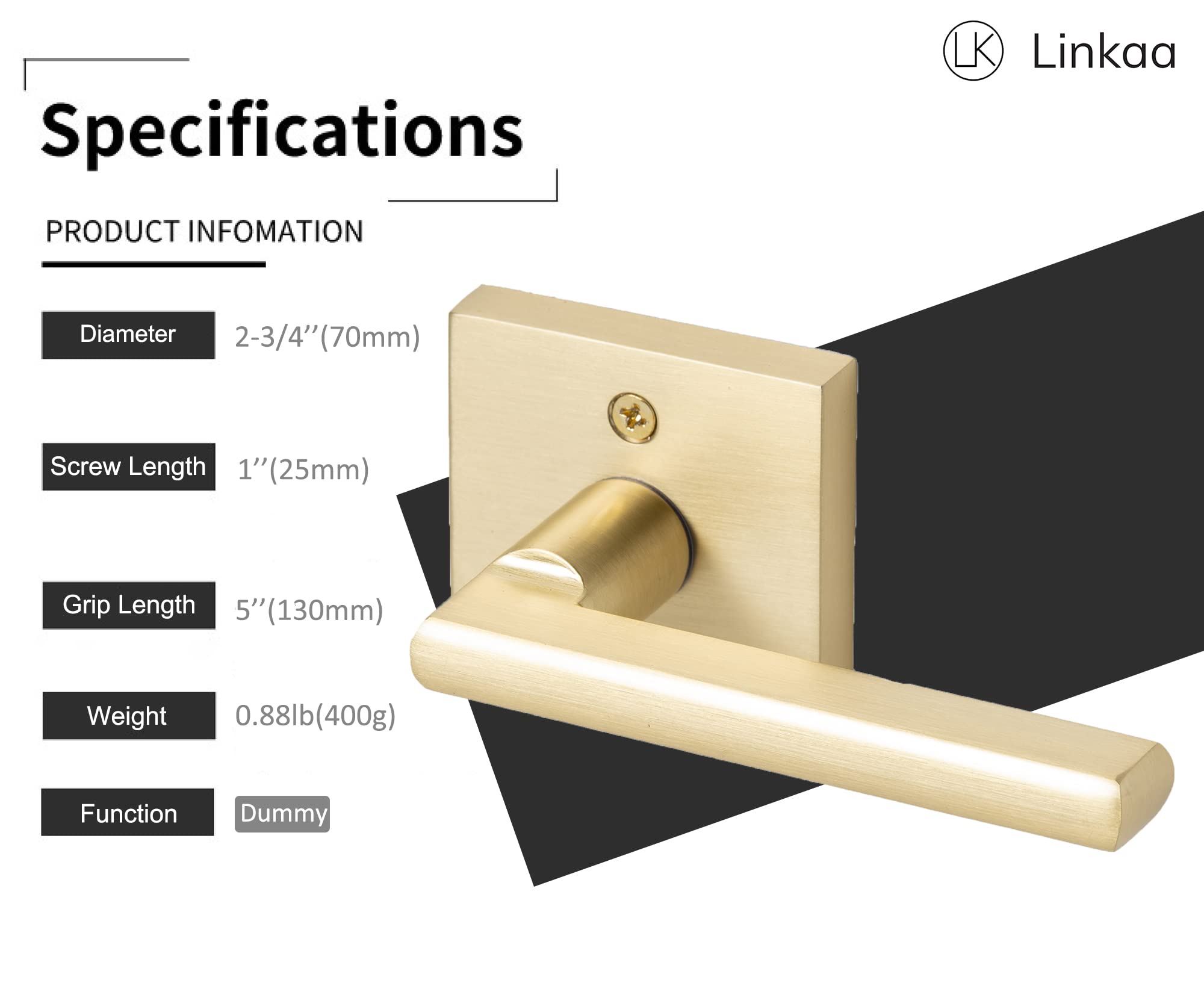 Linkaa Satin Brass Square Dummy Door Handles - Gold Lever Interior for Closet & French Doors (2 Handles, 1 Pack) - Perfect for Bedroom, Bathroom & Cabinet Doors