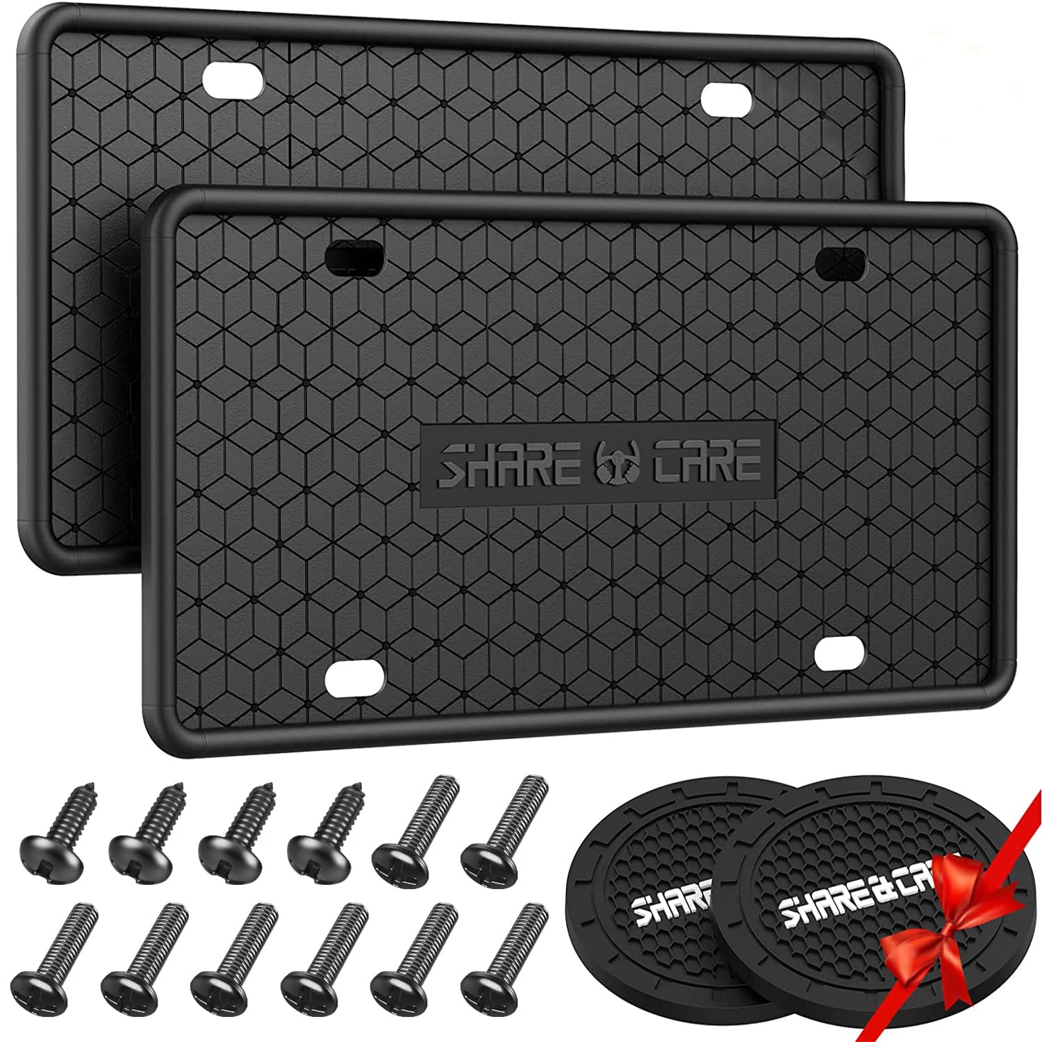 2 Pack Black Silicone License Plate Frame - Front & Back Rust-Proof Cover with Anti-Rattle Design for US/CA Standard Cars + 2 Bonus Non-Slip Cup Coasters | Perfect for Car Enthusiasts & Daily Commuters
