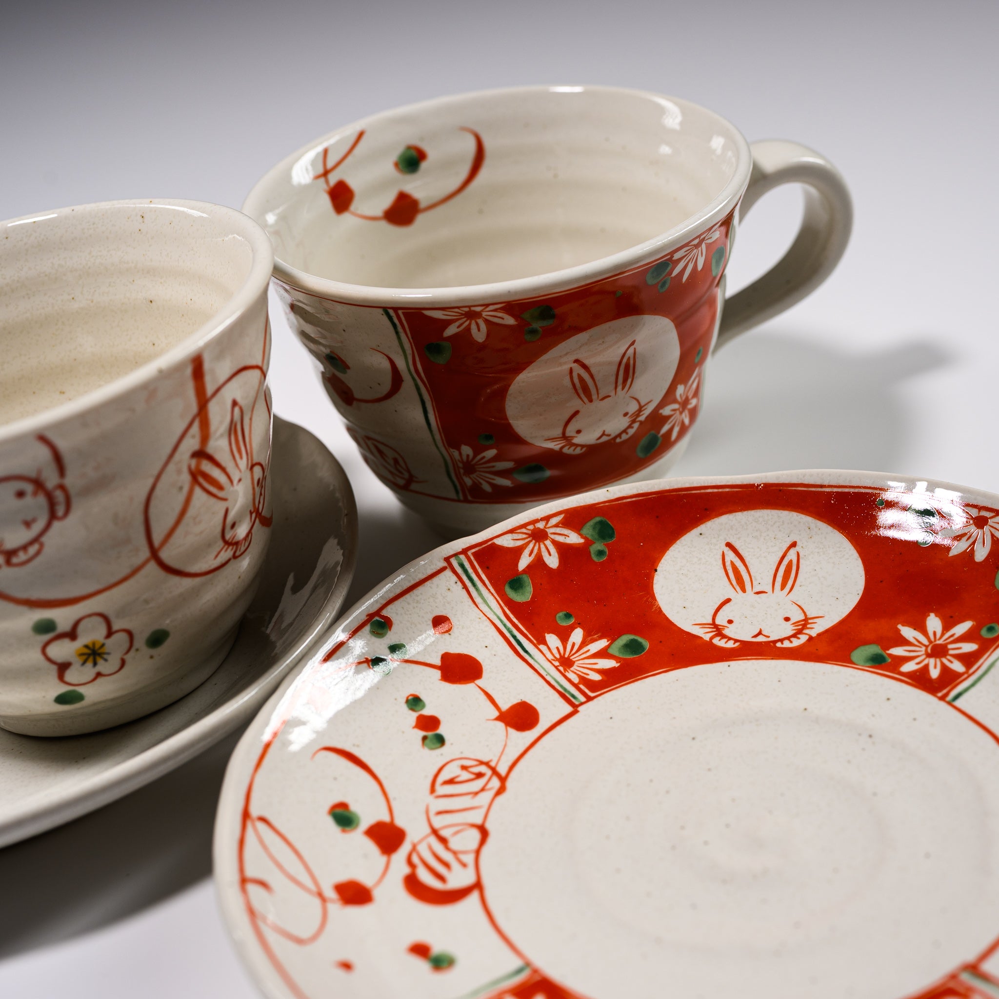 Red Rabbit Pair Cup and Saucer Set - 2 Piece Ceramic Tea Cup with Matching Saucer - Cute Bunny Themed Tea Set for Afternoon Tea, Gift Giving, or Home Decor