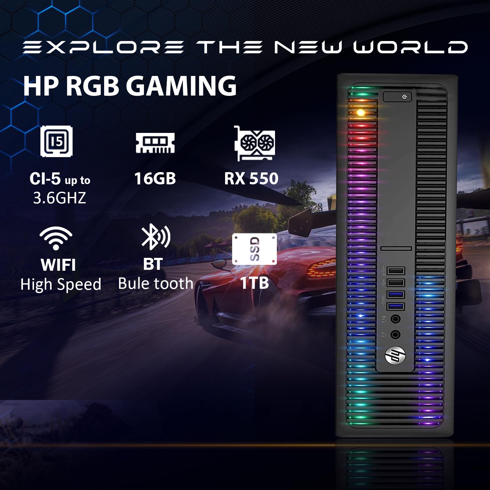 HP RGB Gaming PC - Intel i5-6500, RX 550 4G, 16GB DDR4, 1TB SSD for Esports & Streaming