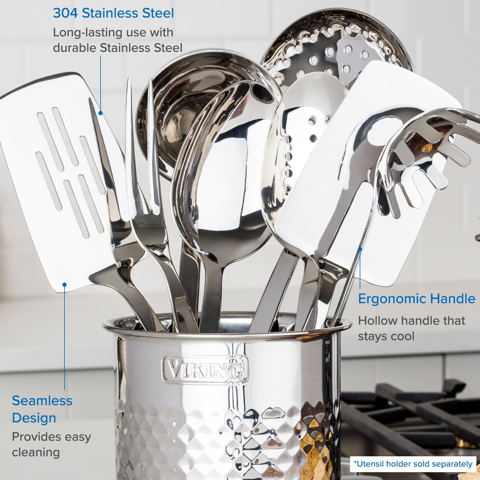 Viking Culinary 10-Piece 304 Stainless Steel Kitchen Utensil Set with Ergonomic Stay-Cool Handles & Mixing Bowls, Non-Slip Silicone Base - Perfect for Baking, Cooking, and Food Prep in Professional & Home Kitchens