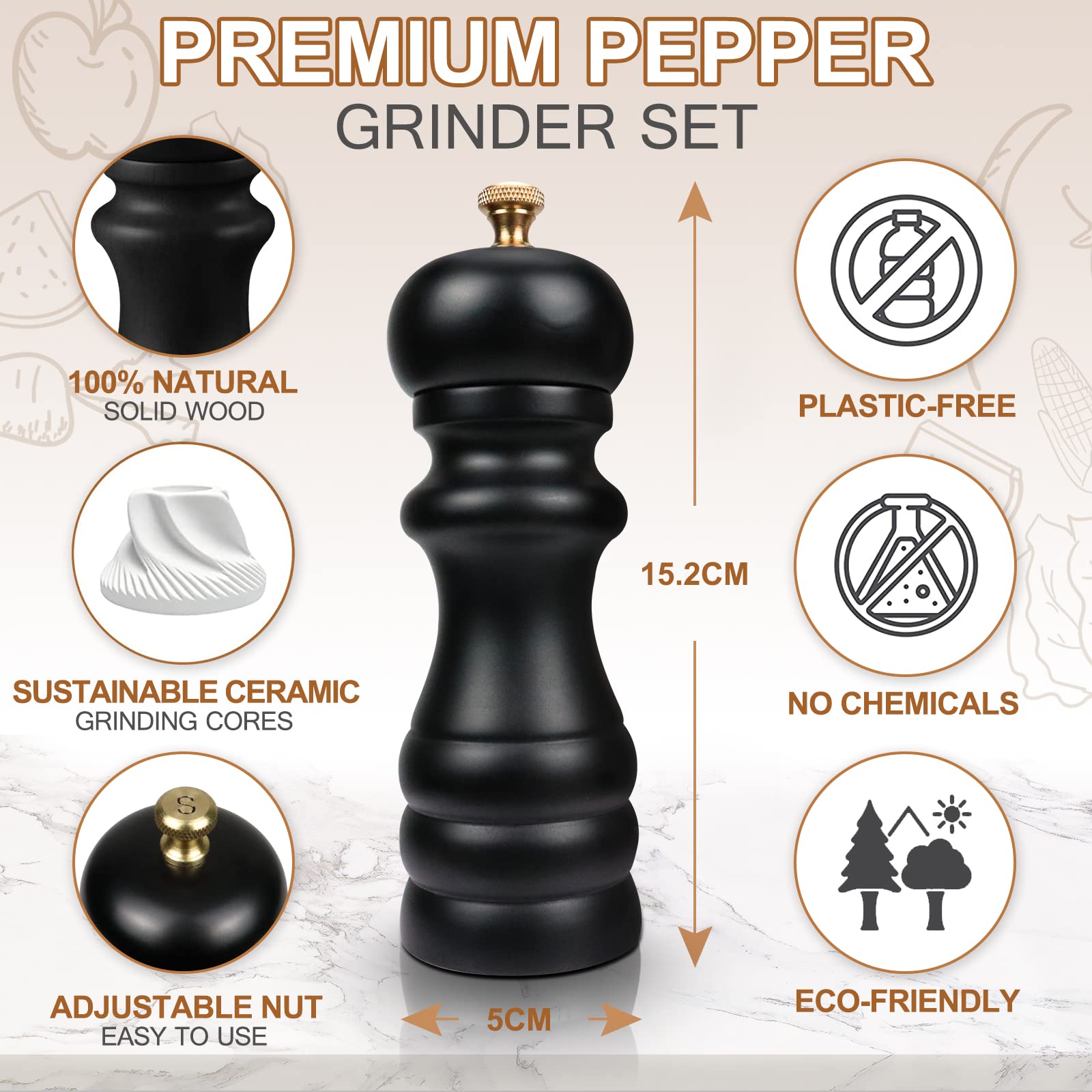 Premium 2-Piece Wooden Salt and Pepper Grinder Set - Adjustable Coarseness, Ceramic Rotor, Refillable Spice Mill - Matt Black Kitchen Essentials (16.5cm) for Home Cooking, Dining & Gourmet Seasoning