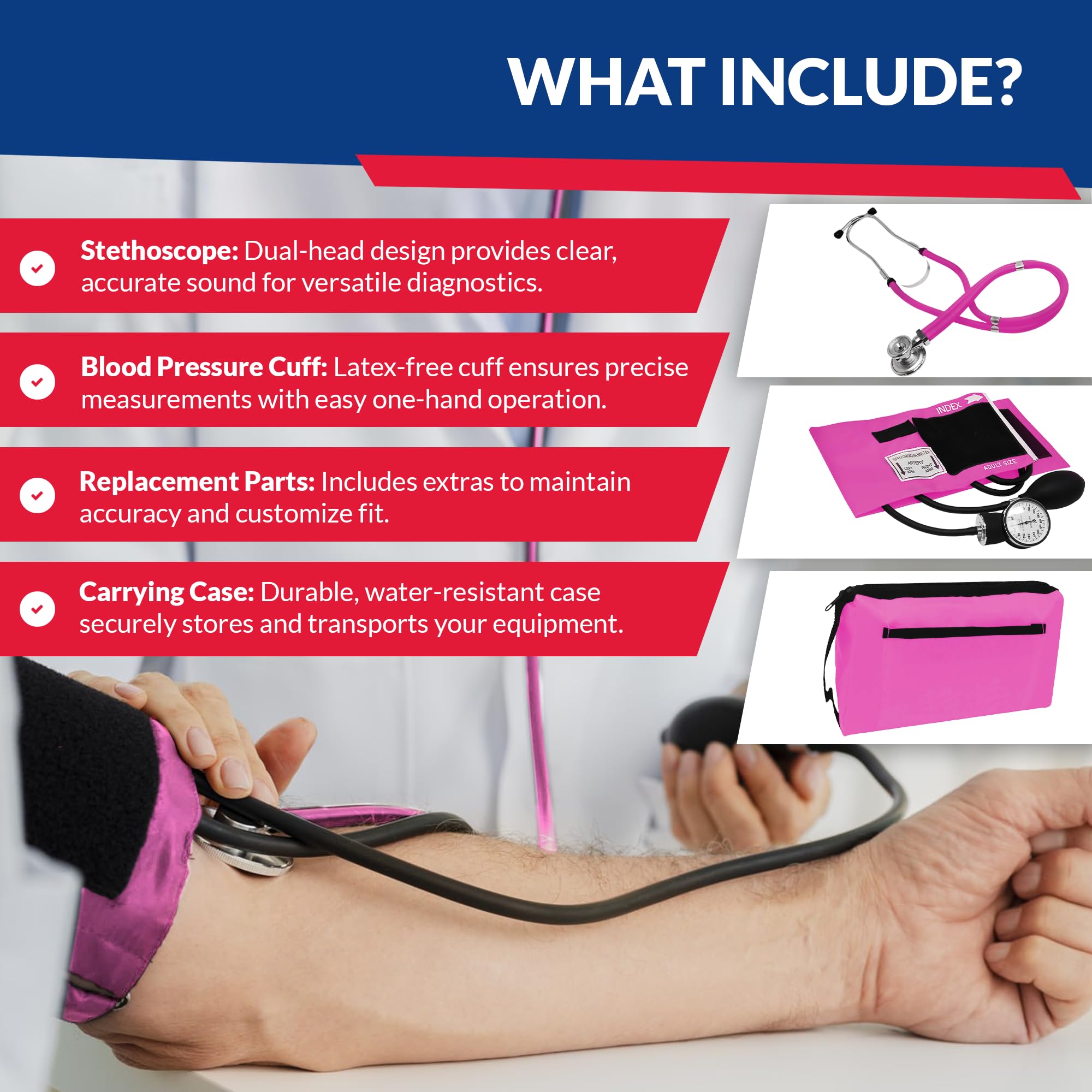 Dixie EMS Blood Pressure Monitor & Sprague Stethoscope Kit in Pink - Perfect for Nurses, Medical Students & Home Health Monitoring