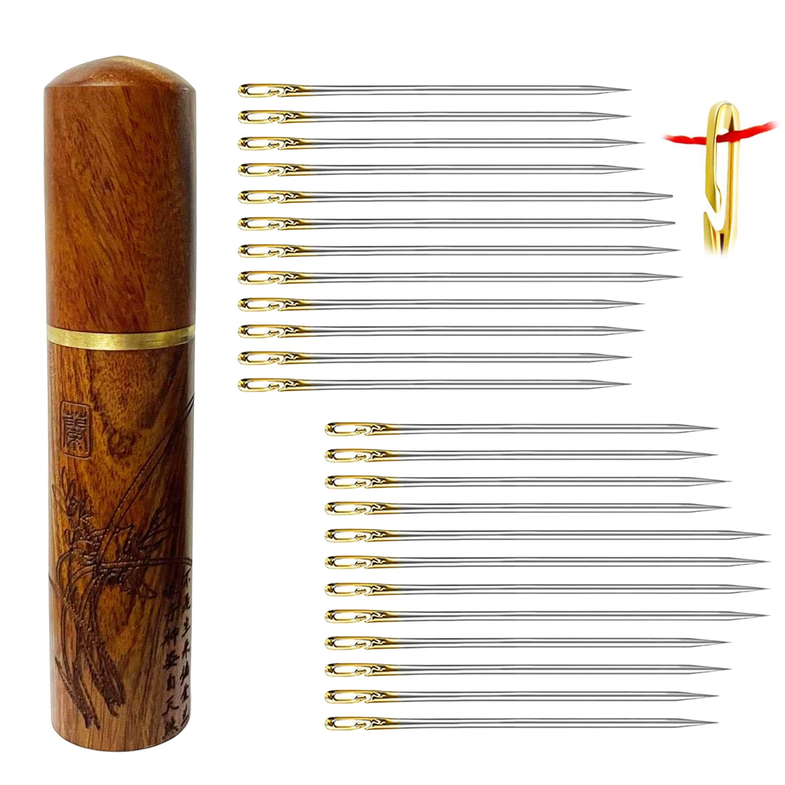 Self Threading Needles for Hand Sewing - 24 Pack Easy Thread Embroidery Needles with Wooden Case, Side Threading Sewing Needles Kit for Quilting, Mending & Crafts (Carving Pattern) - YAWALL