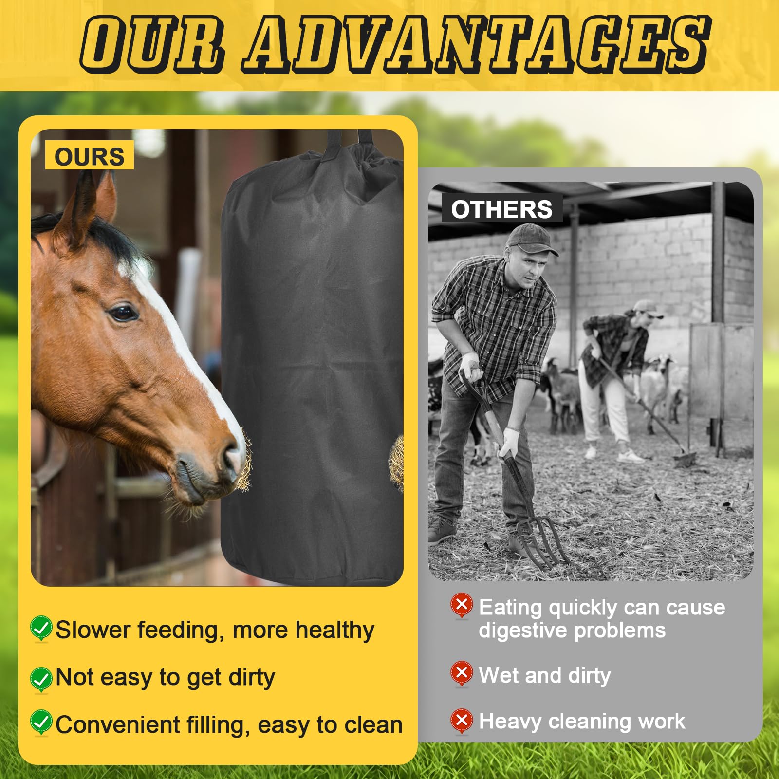 4 Pcs Slow Feed Hay Bags - 1680D Oxford Cloth Hanging Hay Feeder Net for Horses, Sheep & Goats - Large Capacity Waterproof Tote Bag Reduces Hay Waste - Perfect for Stall, Trailer & Pasture Feeding Supplies