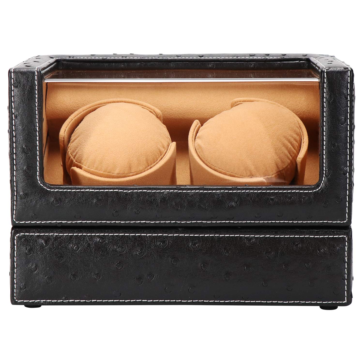 Premium Automatic Double Watch Winder for Rolex & Luxury Watches - Quiet Motor, Black Ostrich Leather Case with Soft Camel Velvet Pillows - Perfect for Watch Collection Display & Safe Storage at Home/Office