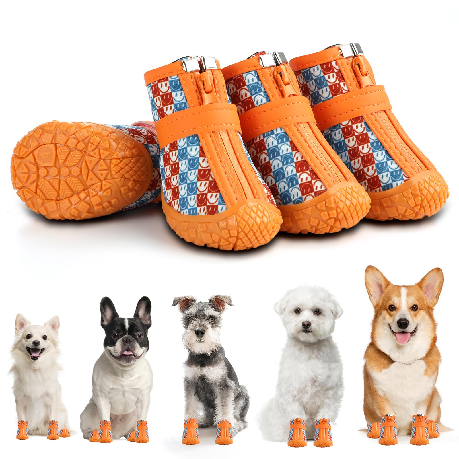 Waterproof Anti-Slip Dog Boots for Small & Medium Dogs - Paw Protectors for Hot Pavement & Hardwood Floors - Orange & Blue Pet Shoes (4PCS Size 3) - Perfect for Walking, Hiking & Indoor Protection