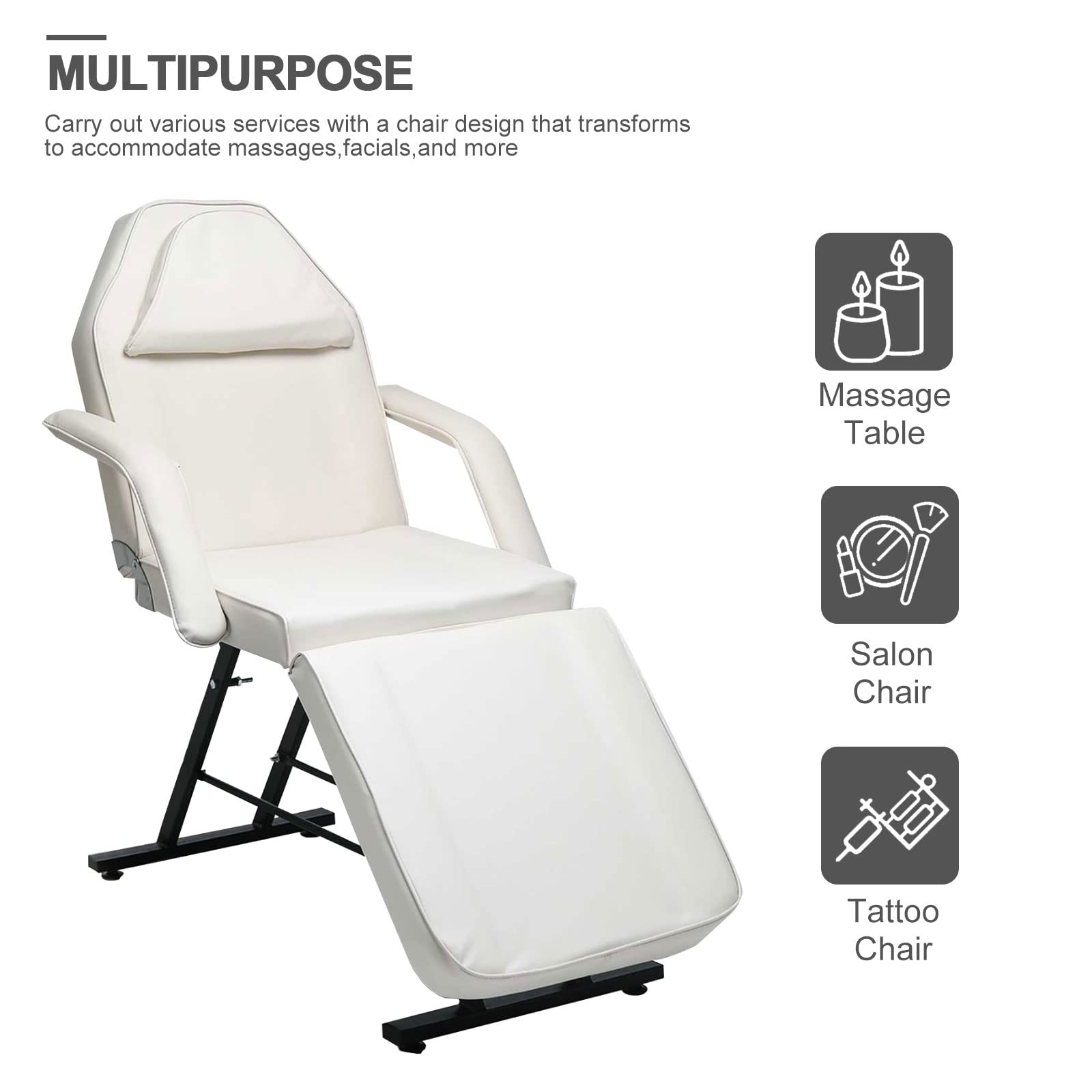 Vanimeu White Adjustable Massage Table with Stool - 3-Section Salon Tattoo Lash Bed, Removable Armrests & Headrest for Spa, 185x85x65cm - Perfect for Massage Therapy, Beauty Salon, Tattoo Parlor & Home Use