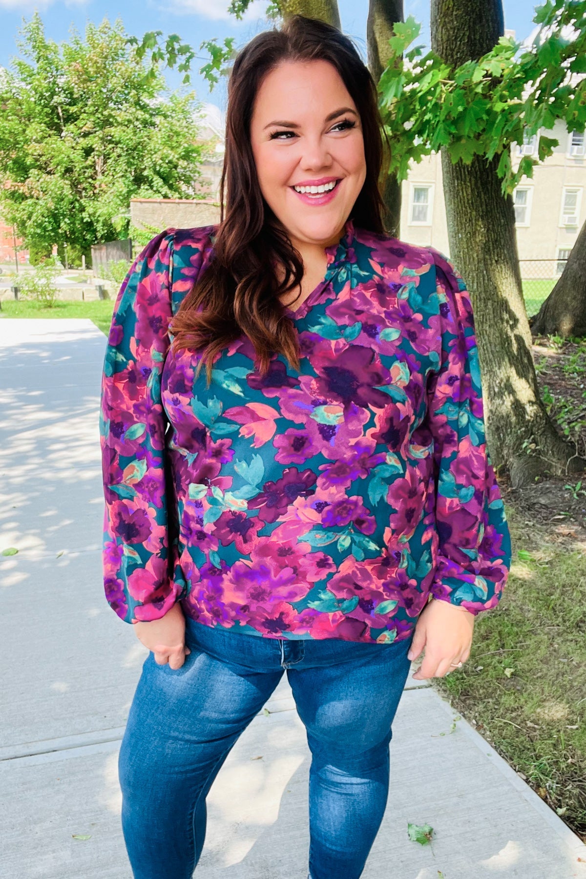 Stylish Hunter Green Watercolor Floral Print Notch Neck Blouse - Elegant Women's Tops for Casual Wear, Office Outfits & Spring Fashion