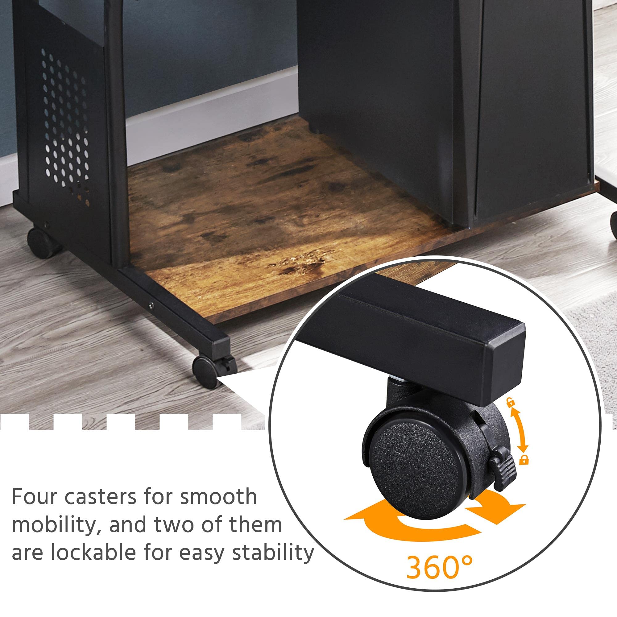 Yaheetech 3-Tier Mobile Computer Desk with Wheels - Rolling Home Office Workstation with Charging Station, Keyboard Tray, Power Outlet & USB Ports - Perfect for Small Spaces, Dorm Rooms & Home Office Setup (Rustic Brown)