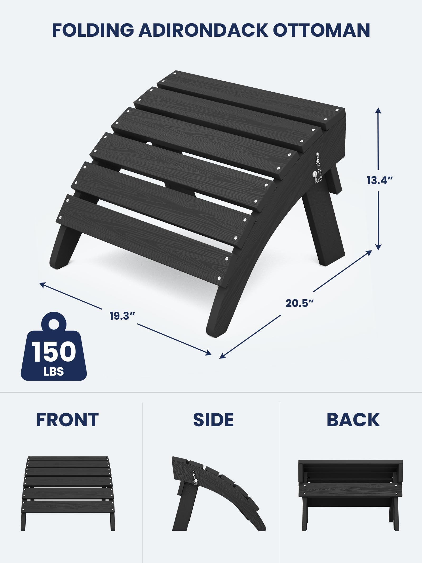KINGYES Folding Adirondack Ottomans Set of 2 - Black Outdoor Patio Furniture for Adirondack Chairs | Perfect for Poolside, Deck, Garden & Backyard Relaxation