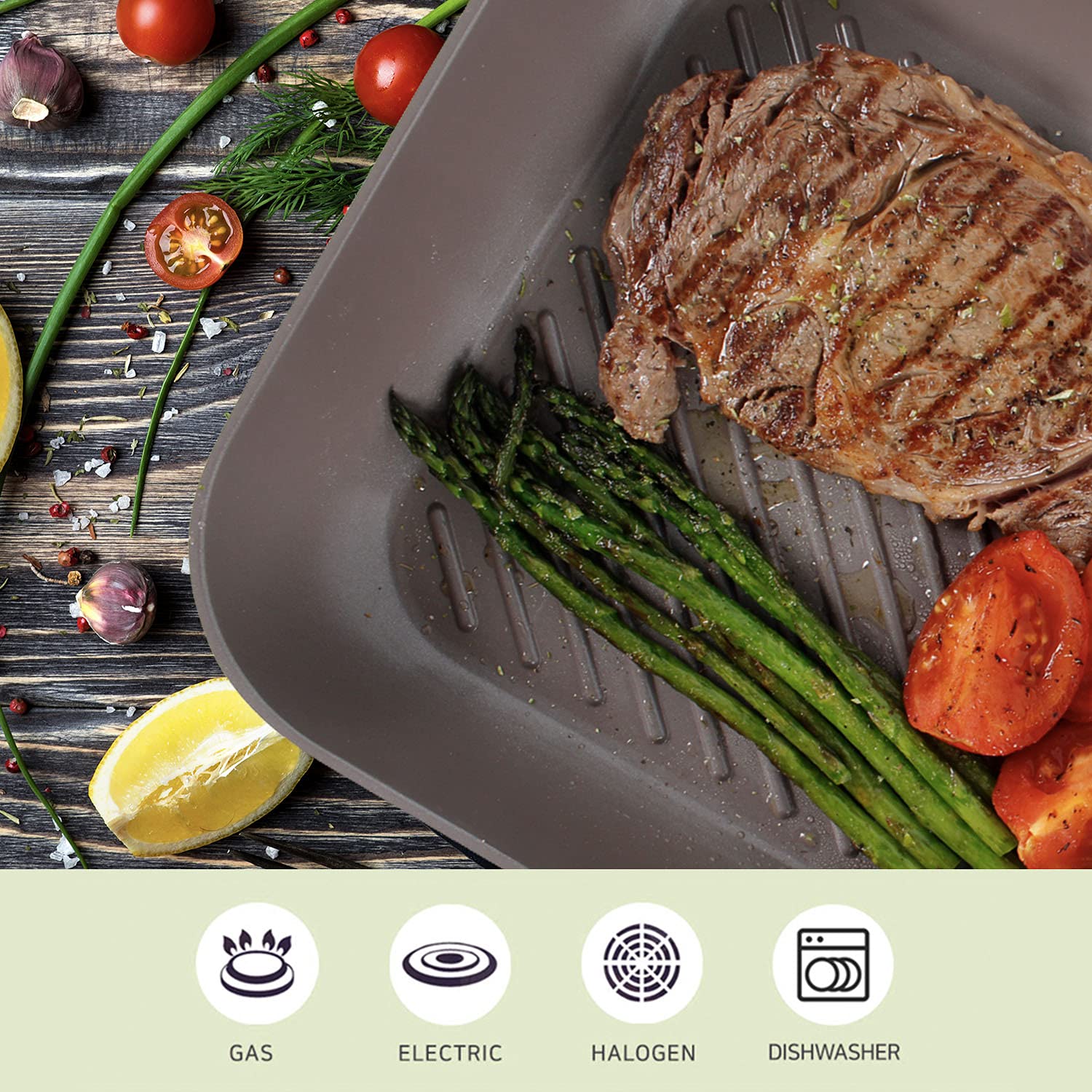 **Neoflam Eela 11-Inch Square Non-Stick Stovetop Grill Pan - PFOA-Free Ecolon Ceramic Coating, Scratch Resistant, Perfect for Searing Meat, Fish, Vegetables & Broiling - Olive Green - Ideal for Indoor Grilling & Healthy Cooking**