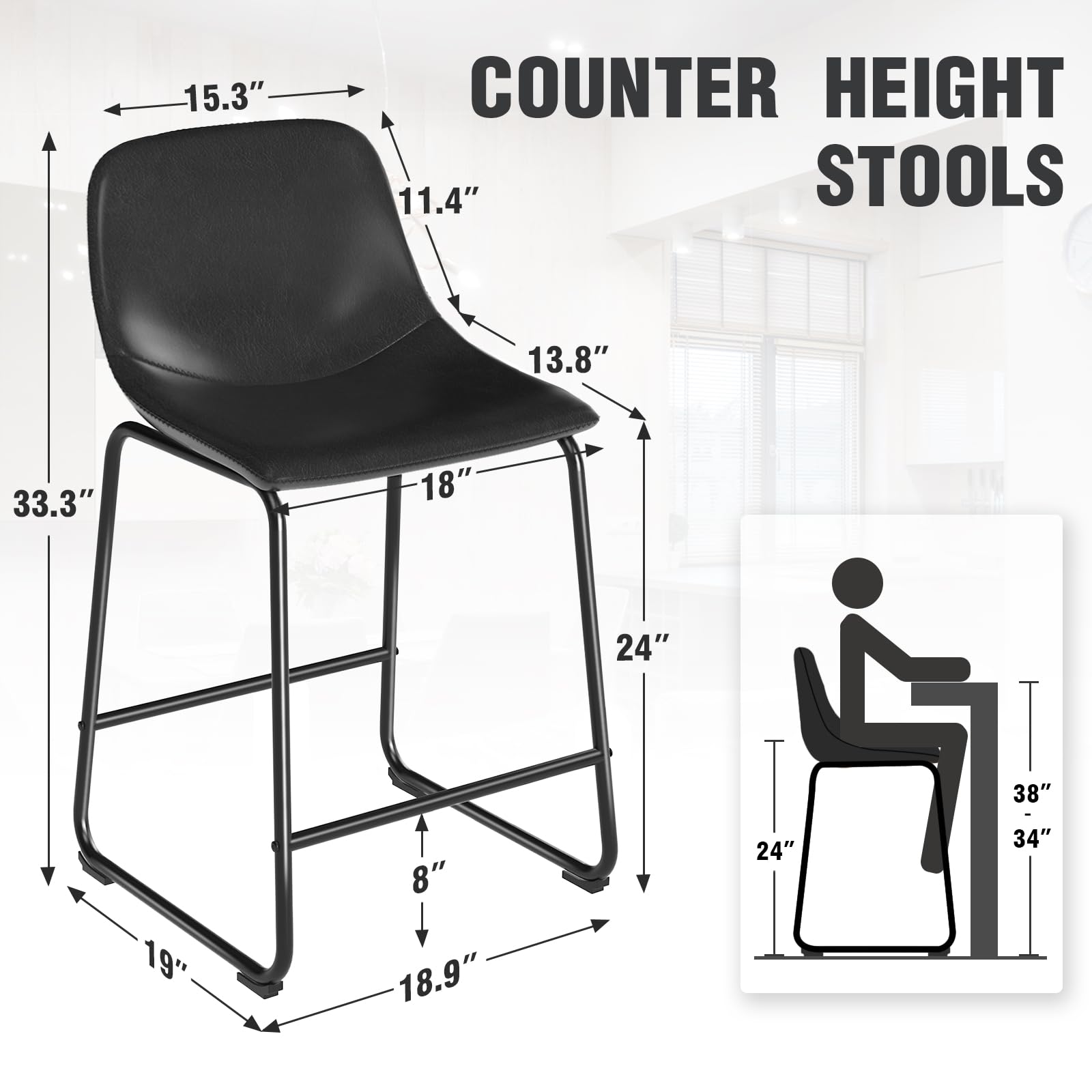 Modern Black Counter Height Bar Stools Set of 3 - Armless Kitchen Island Chairs with Back Support & Sturdy Metal Legs - Perfect for Home Bars, Kitchen Islands, Coffee Shops and Restaurant Dining Areas