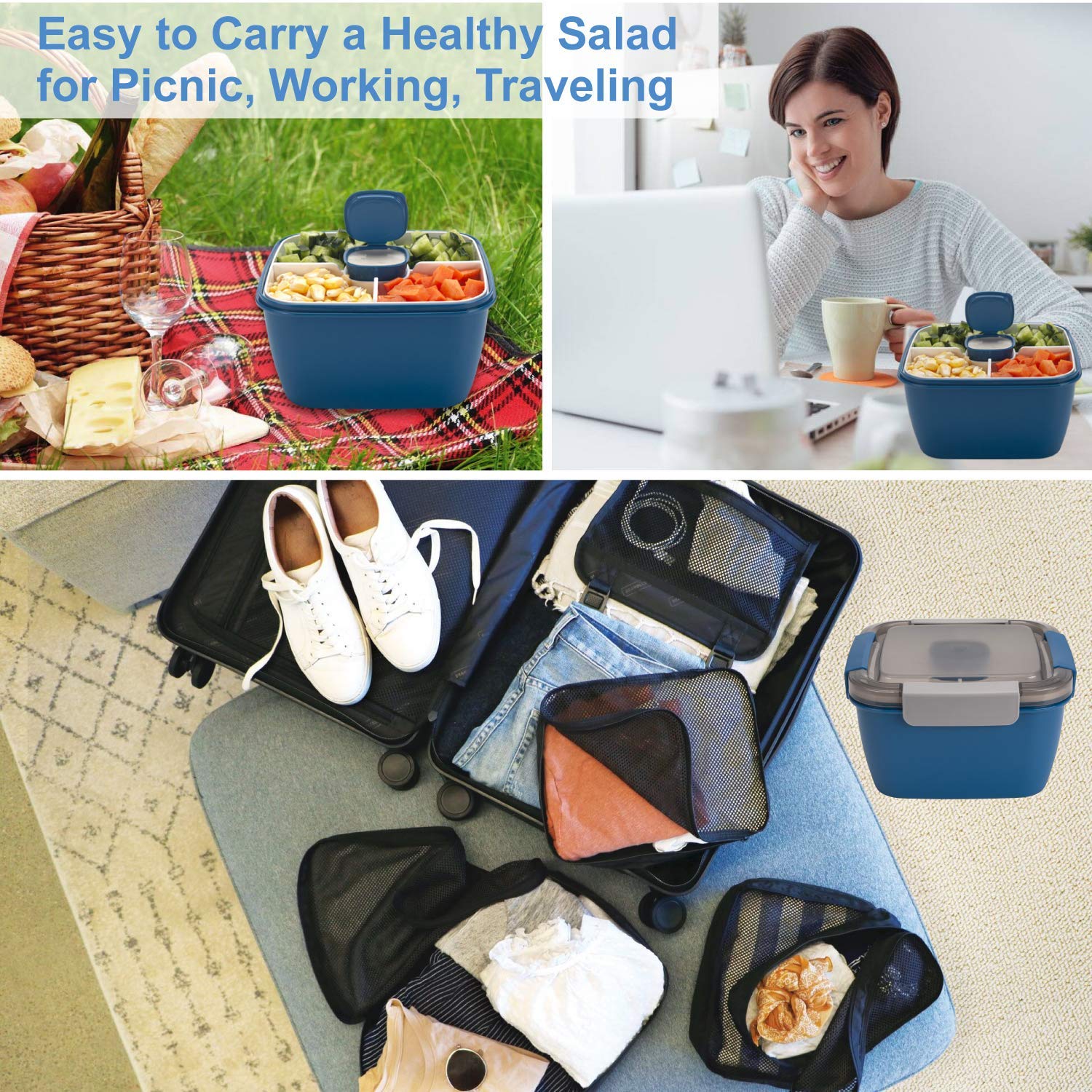 Freshmage 52 oz 3-Compartment Salad Lunch Containers with Dressing Cup - BPA-Free, Leak-Proof Meal Prep Bowls for Office, School & Picnics (Blue Set) - Perfect for Healthy Eating On The Go